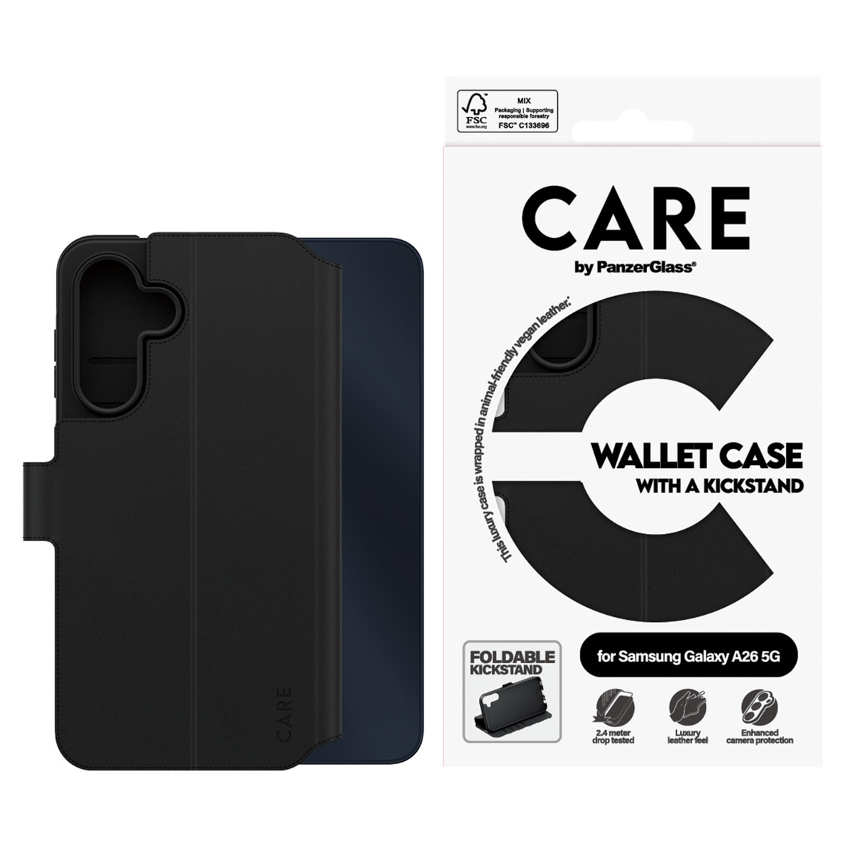 Una custodia nera per telefono con design a portafoglio, accanto alla sua confezione. La confezione mostra 'CARE' e 'WALLET CASE' per Samsung A26 5G.