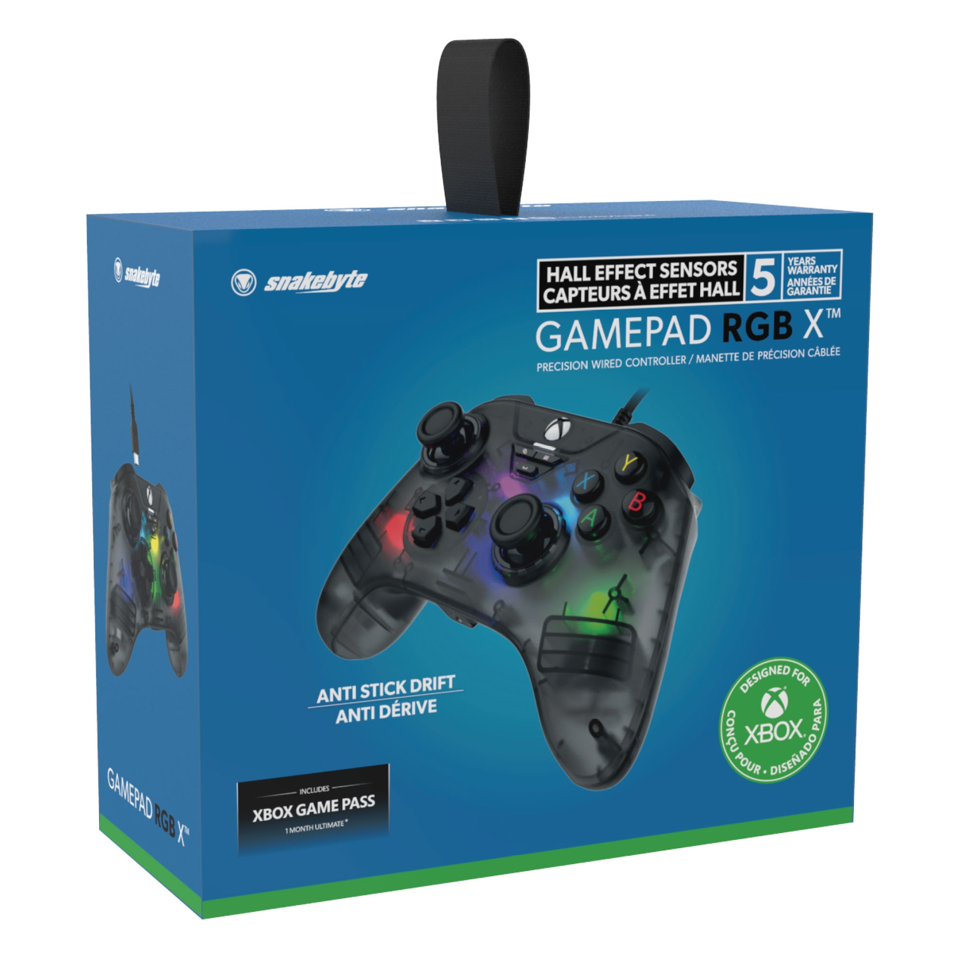 Schachtel mit einem Snakebyte Gamepad RGB X für Xbox. Der Controller ist sichtbar, mit bunten Lichtern. Die Box ist blau.
