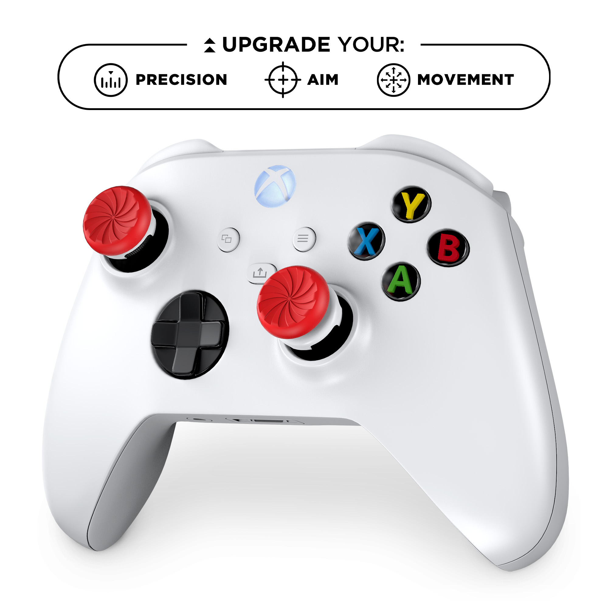 Weißer Xbox-Controller mit roten Knöpfen. Text: Steigern Sie Ihre Präzision, Ihr Zielen und Ihre Bewegung.