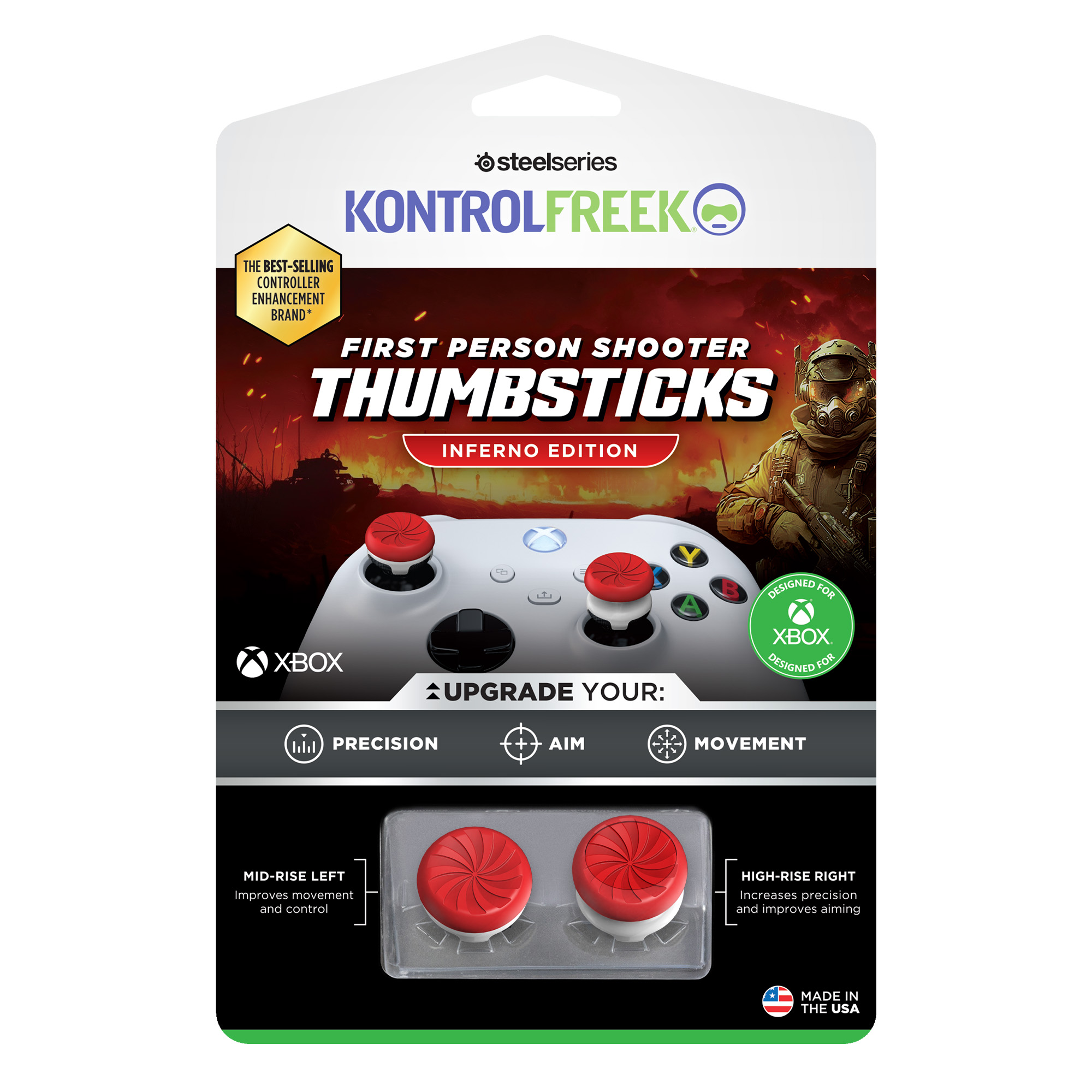Produktverpackung für Xbox-Controller-Thumbsticks. Enthält den Controller, rote Thumbsticks und Branding.