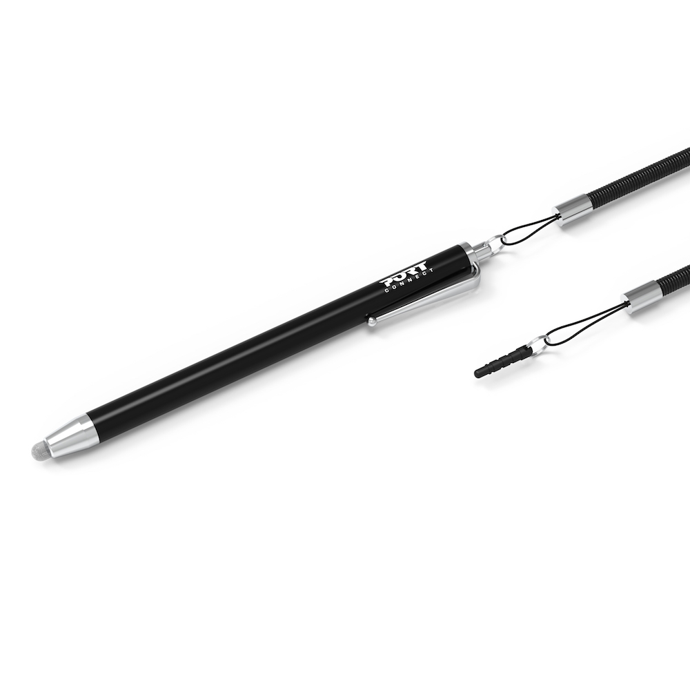 Czarny rysik z srebrną końcówką i czarnym przewodem. Pióro posiada logo "PORT CONNECT" i klips.