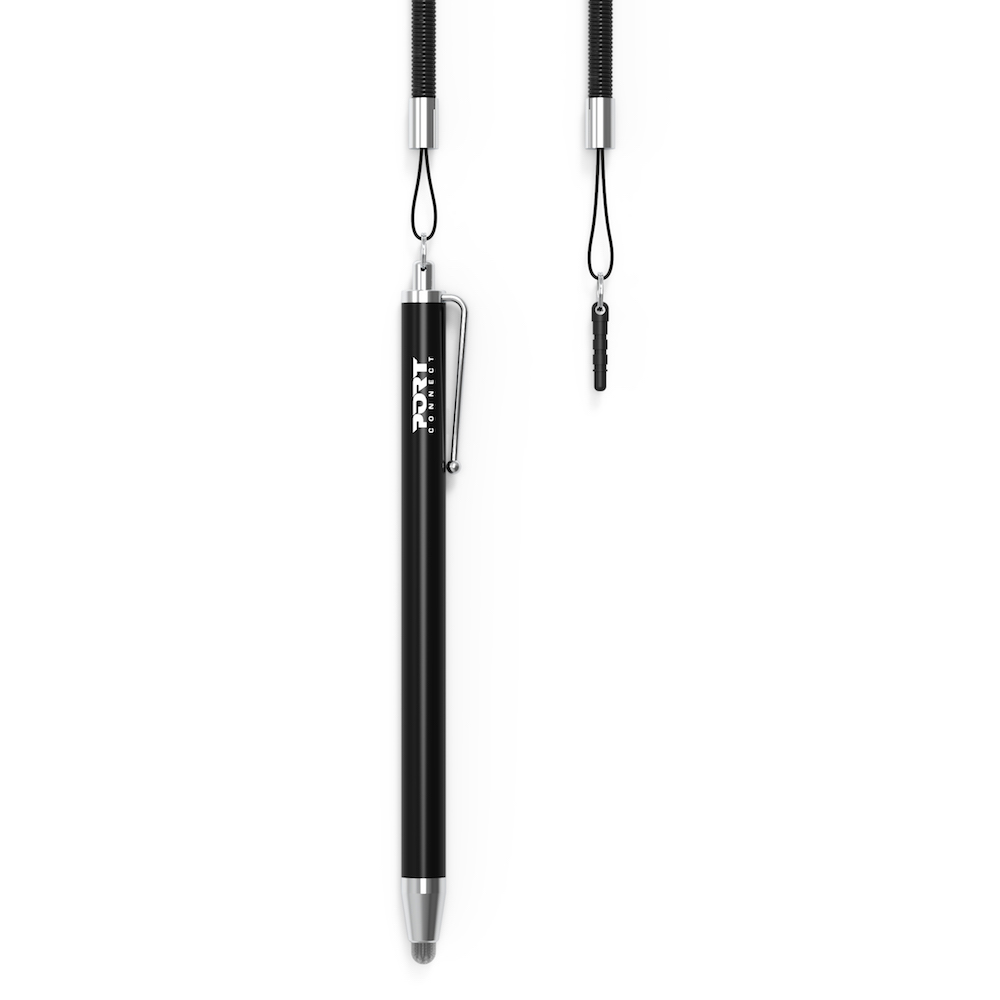 Czarny rysik ze srebrną końcówką i czarną smyczą. Mała czarna nasadka przymocowana do osobnej smyczy.