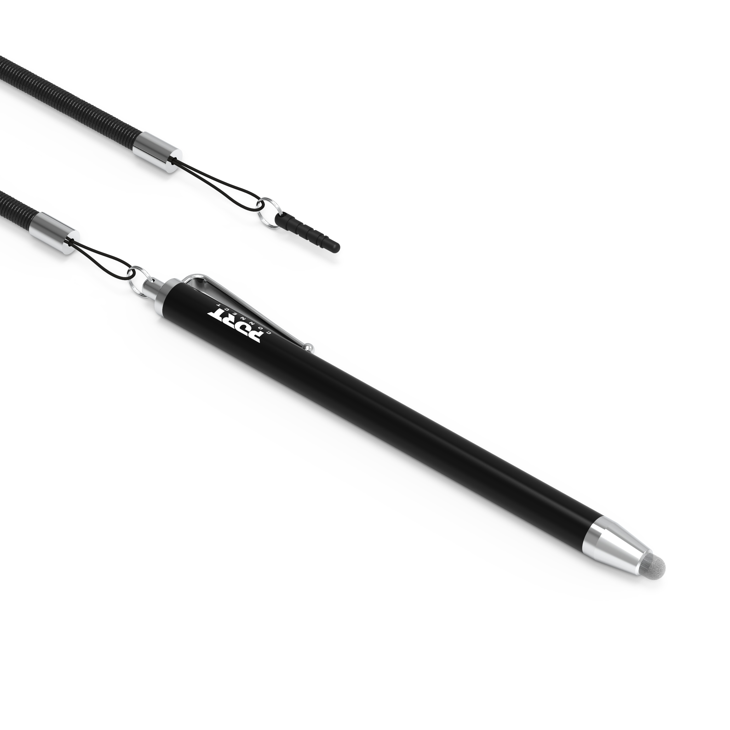 Czarny rysik z srebrną końcówką i elastycznym czarnym przewodem. Pióro na białym tle.