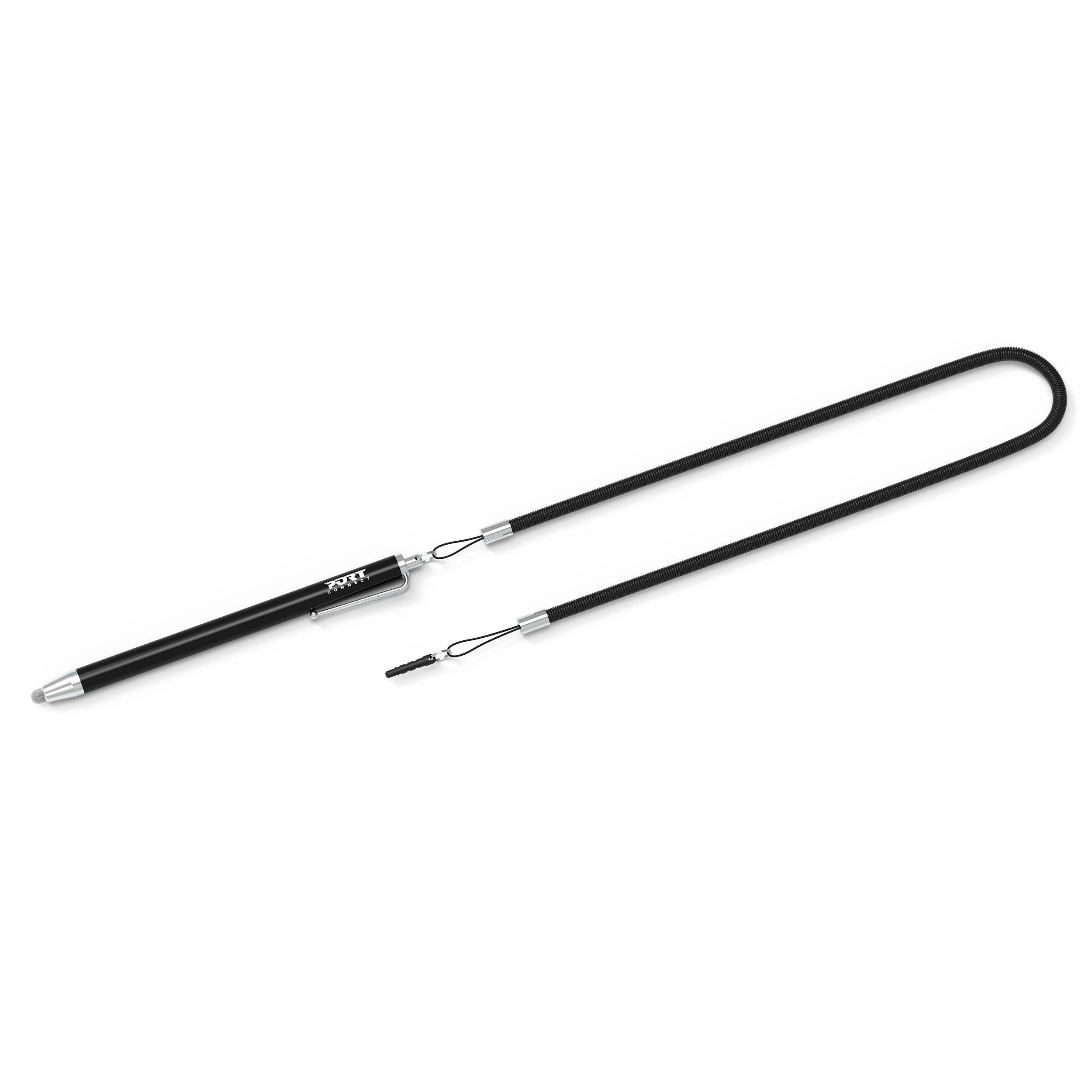 Czarny rysik z czarnym sznurkiem i srebrnymi akcentami na białym tle.