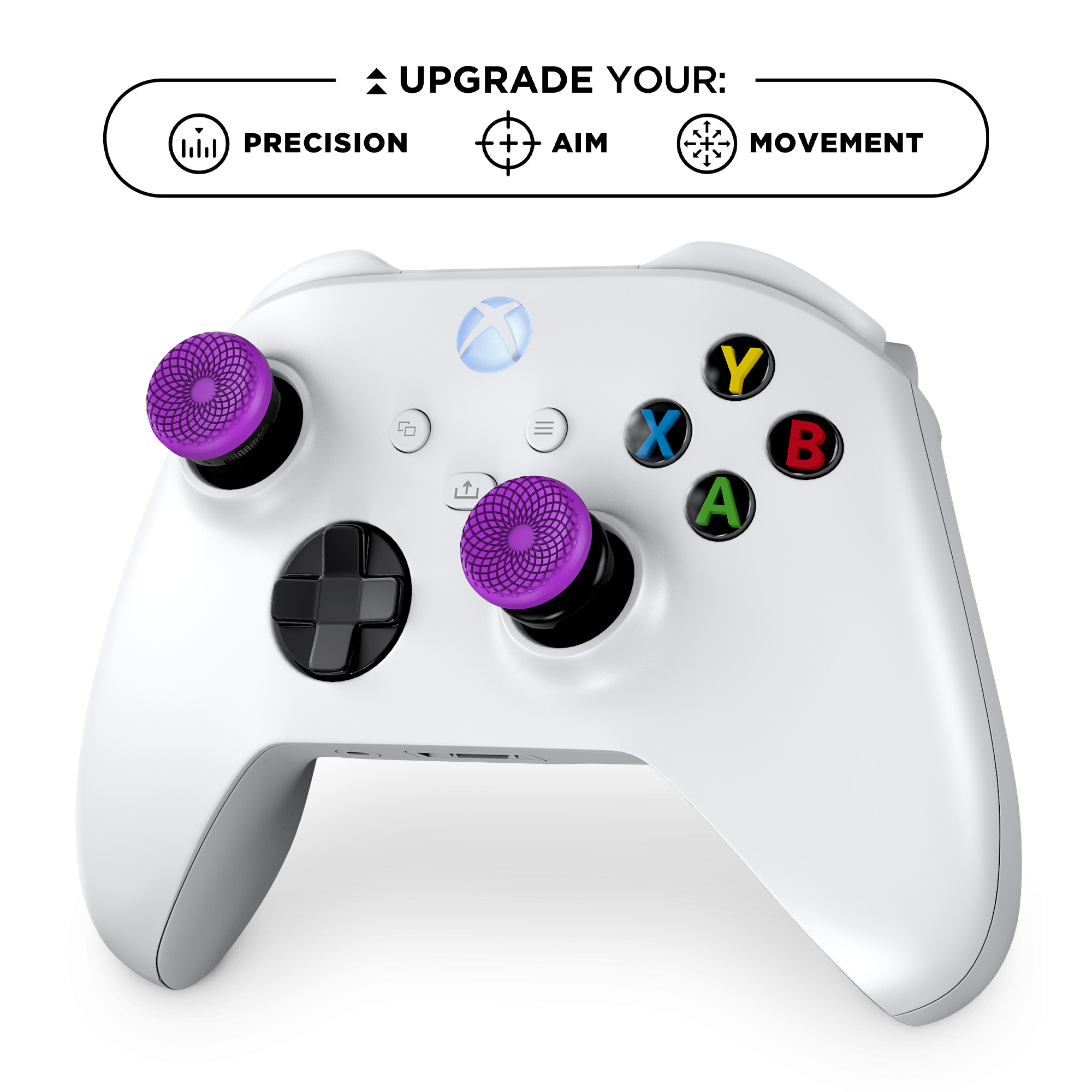 Weißer Xbox-Controller mit lila Daumengriffen, Tasten: Y, X, B, A. Verbessere deine Präzision, dein Zielen und deine Bewegung.