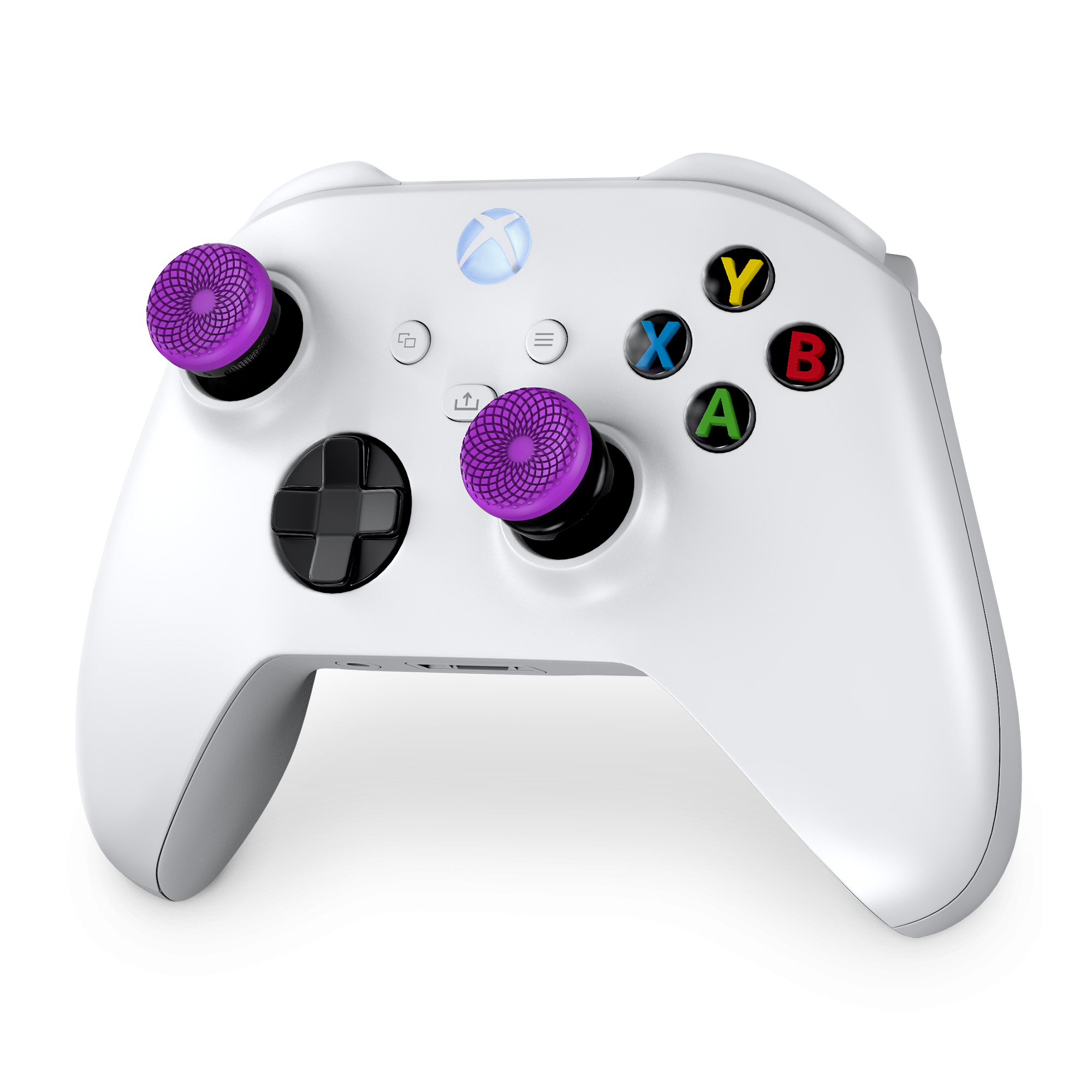 Ein weißer Xbox-Controller mit lila Joystick-Abdeckungen. Es hat farbige Tasten: Y, X, A, B. Der Hintergrund ist weiß.
