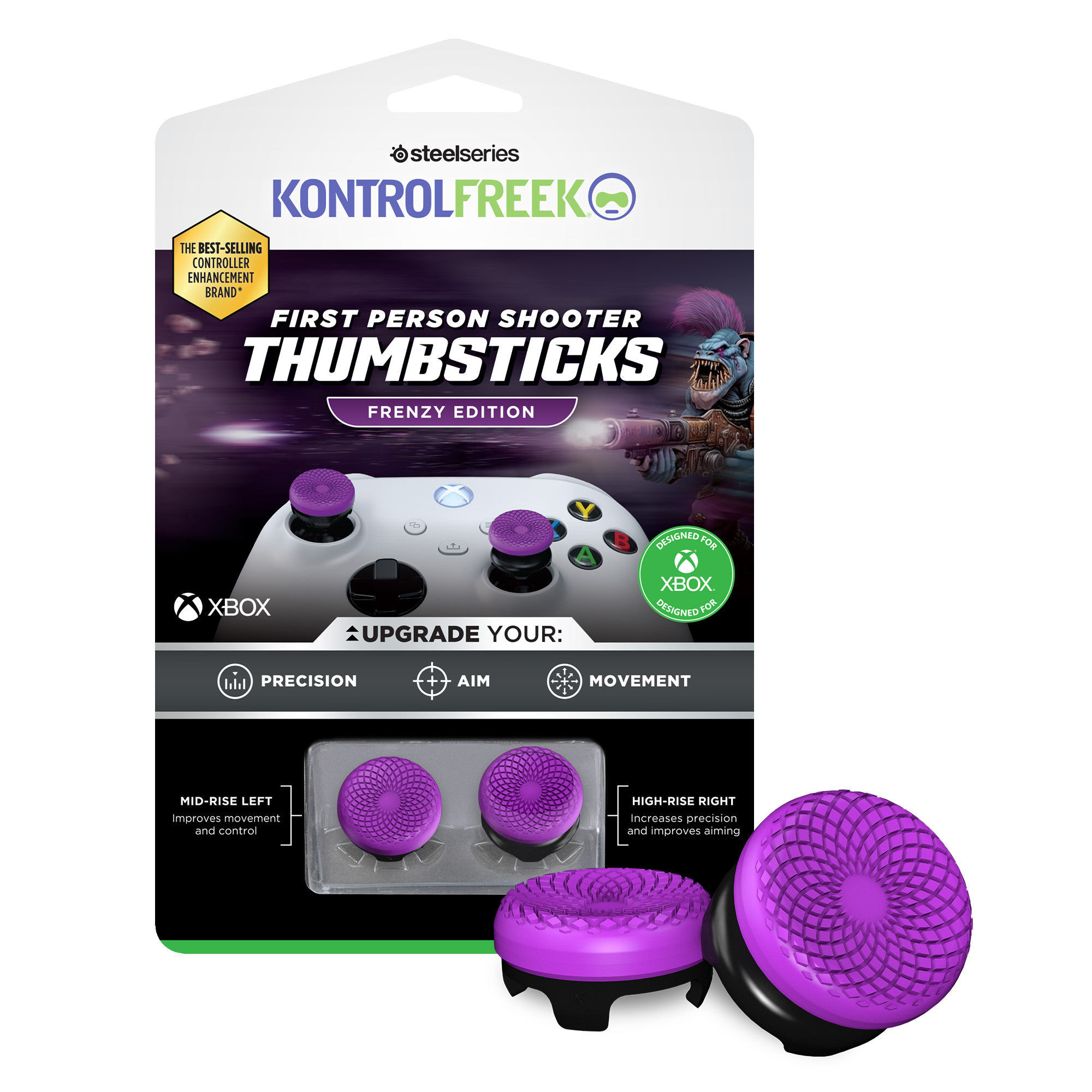 Verpackung mit lila KontrolFreek-Thumbsticks für Xbox-Controller. Enthält zwei Sätze Thumbsticks mit einem Monsterbild.