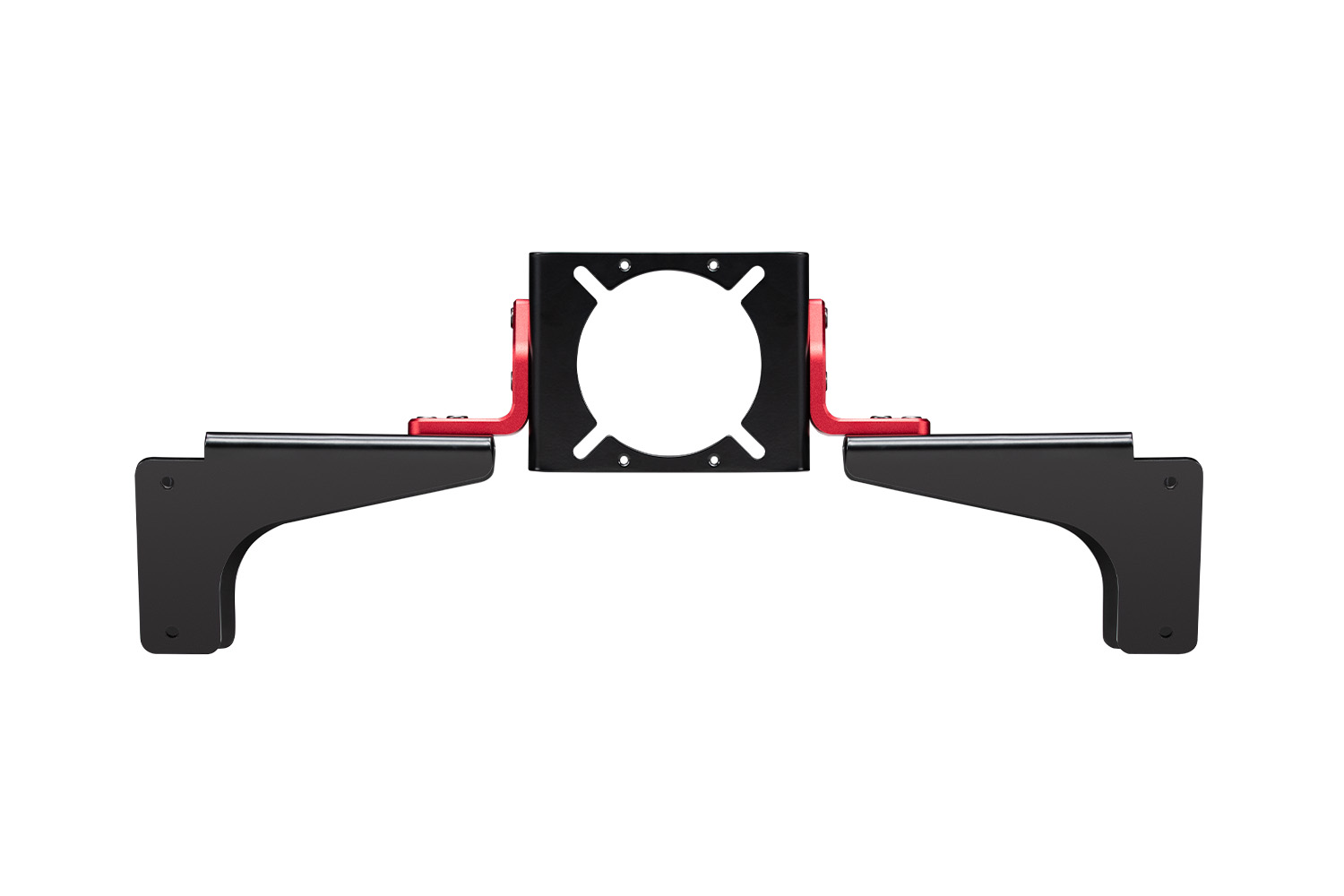 Ensamblaje de soporte metálico con marco negro y soportes rojos. Tiene una abertura circular central.
