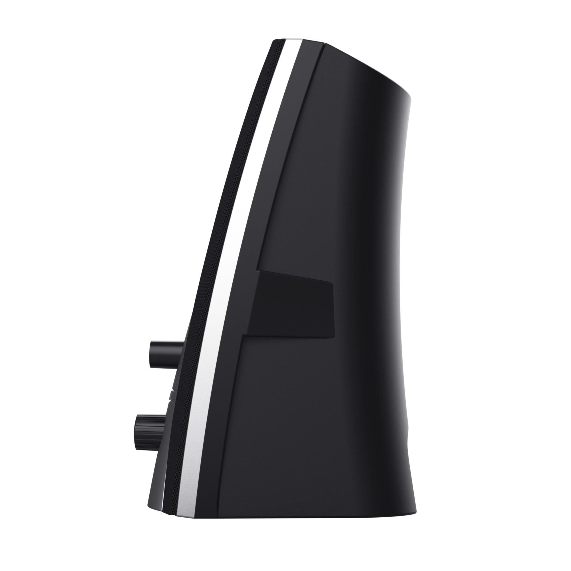 Black audio device with white stripes. Has knobs and a rectangular feature. Isolated against a white background.