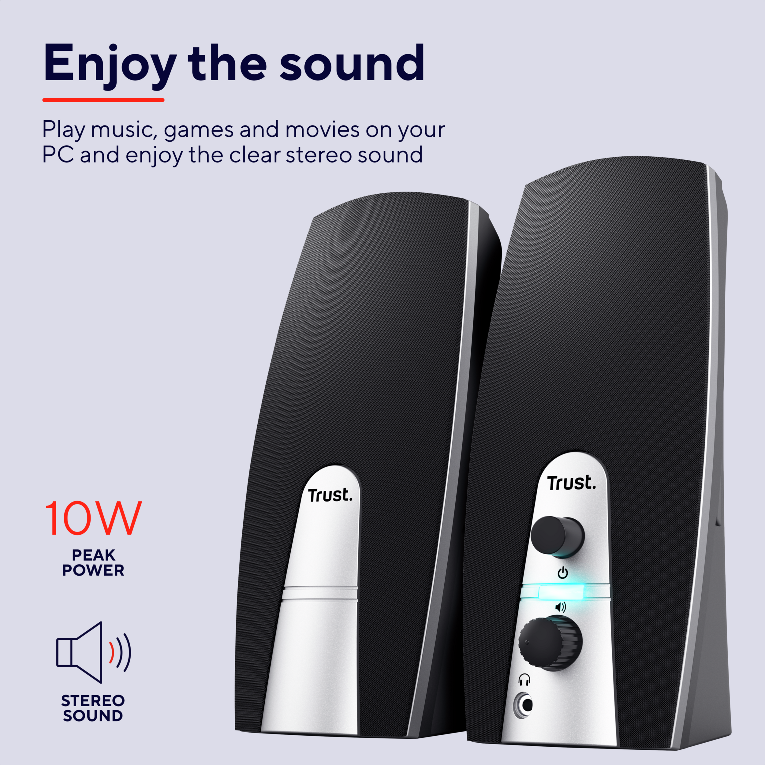 Two black computer speakers with silver accents. The text 'Enjoy the sound' is at the top.