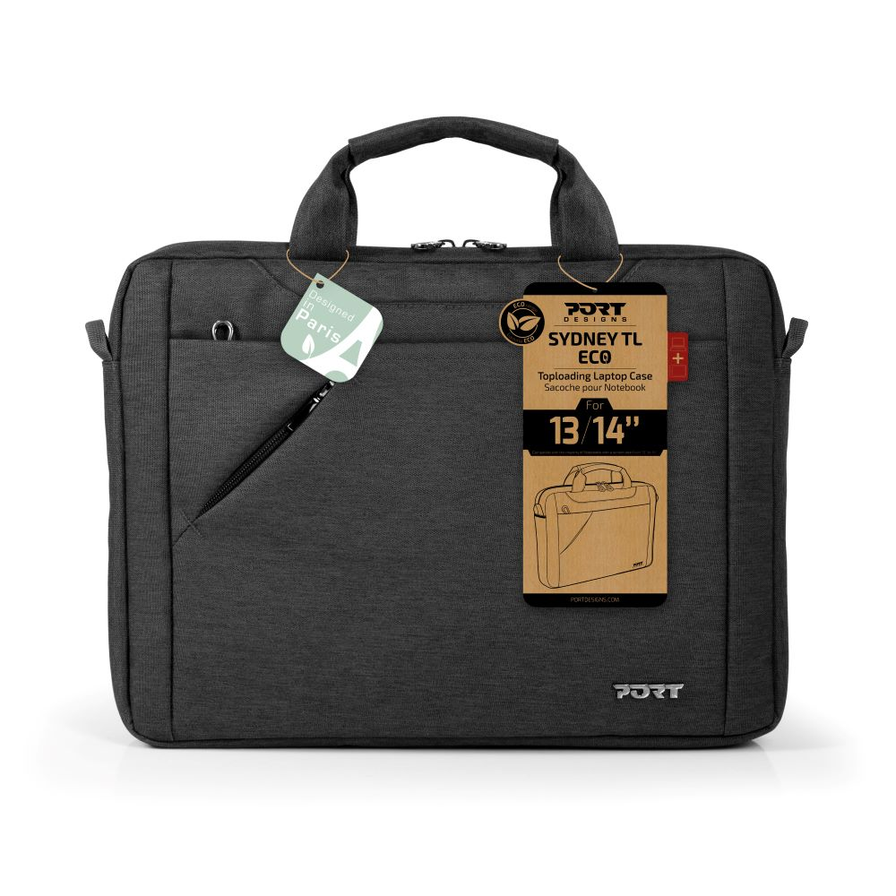 Una borsa per laptop grigio scuro con etichette. Le etichette riportano "Designed in Paris" e "Sydney TL ECO".