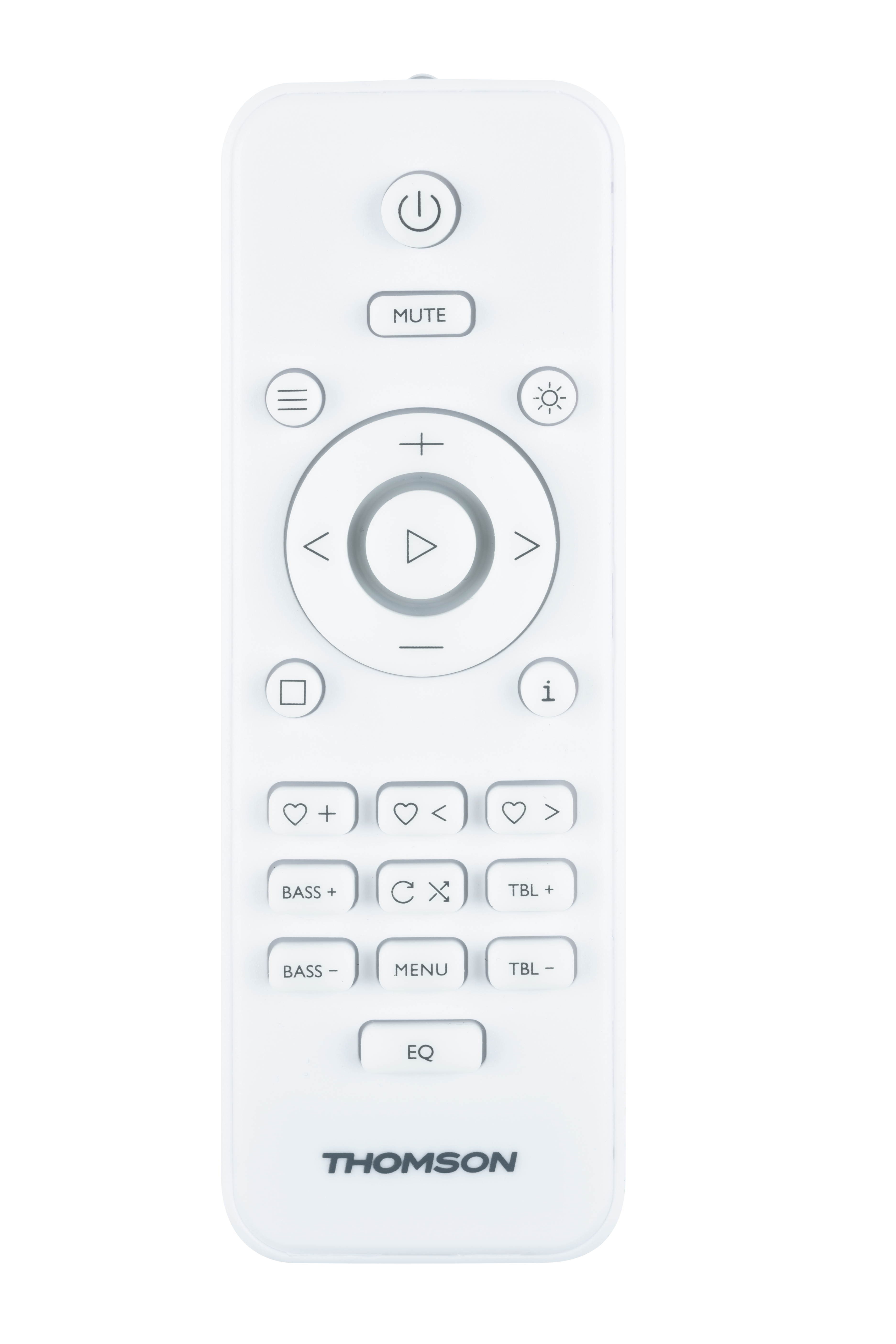 Biały pilot Thomson z wieloma przyciskami do zasilania, głośności i ustawień.