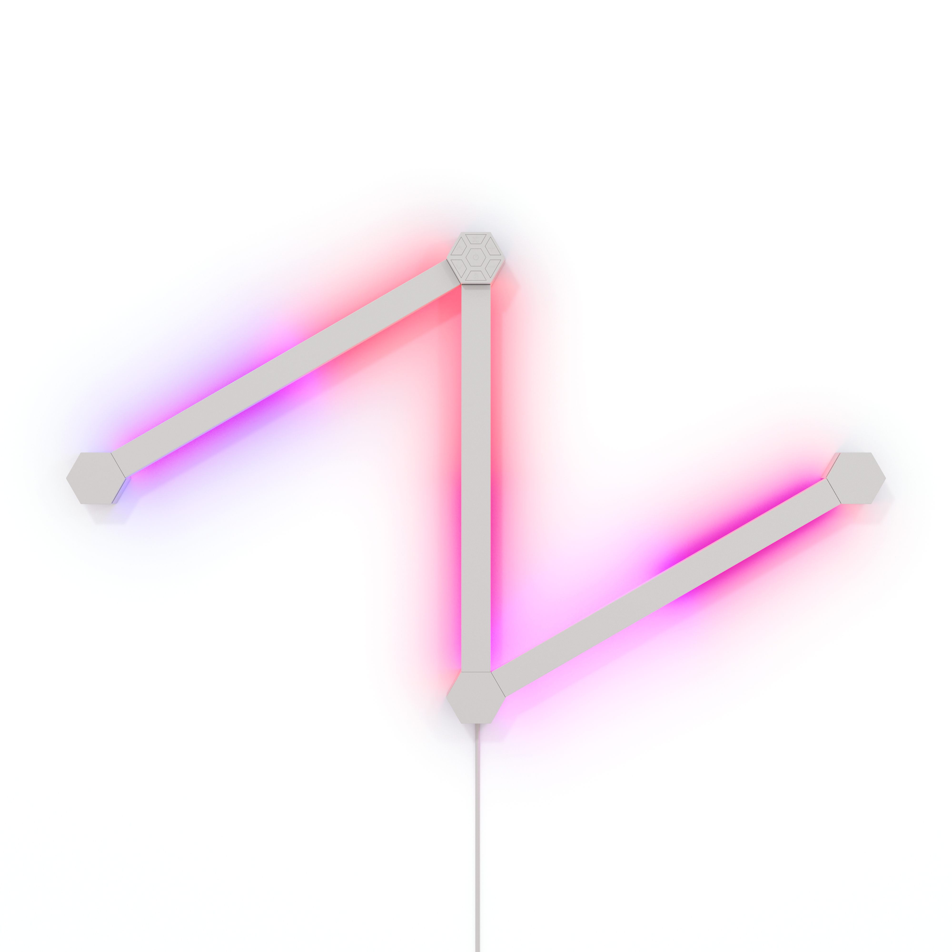 Lampada bianca a forma di Z con LED che cambiano colore. Ha una base esagonale ed è su sfondo bianco.