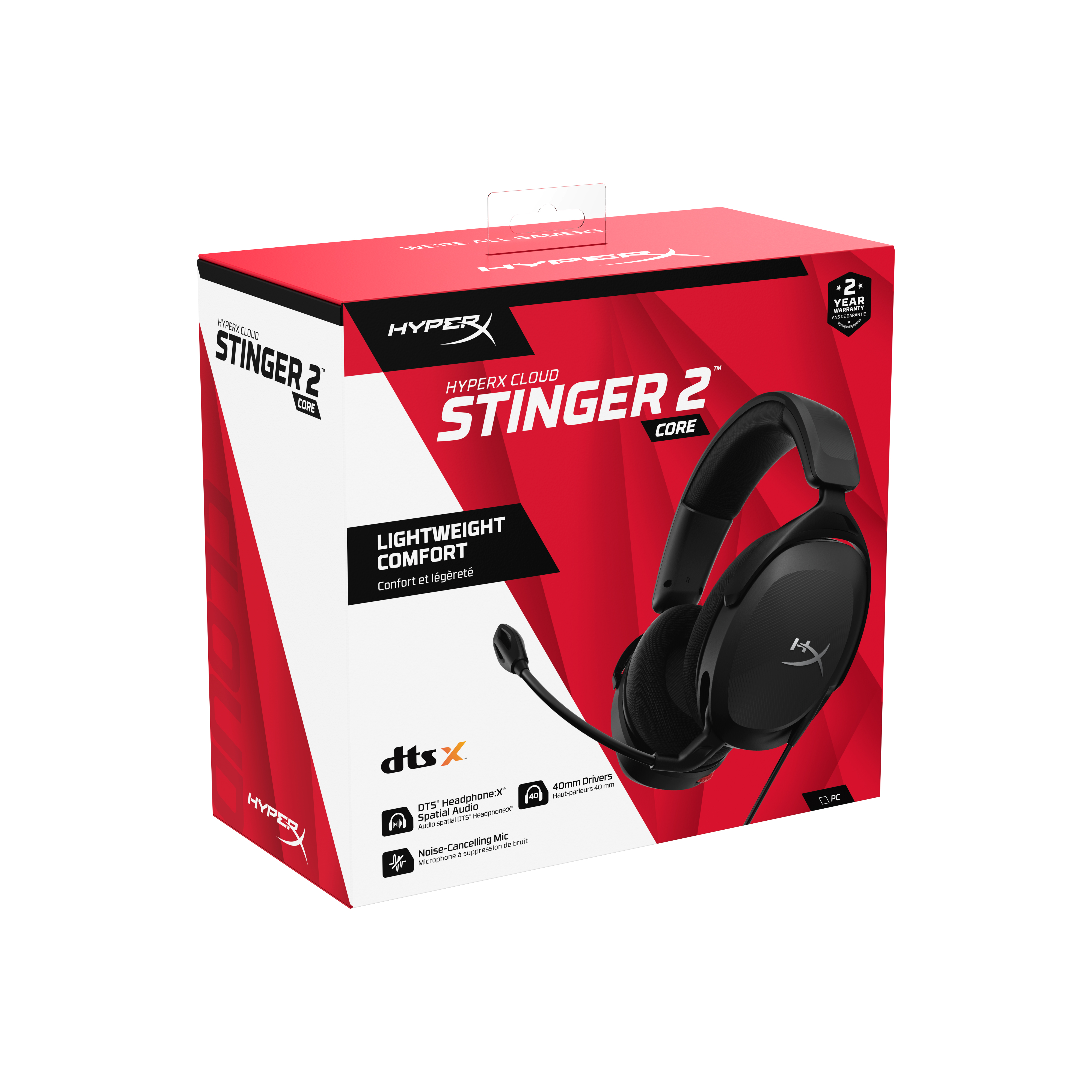 A box of HyperX Cloud Stinger 2 Core headphones. Black headphones on a red and white box, with text.