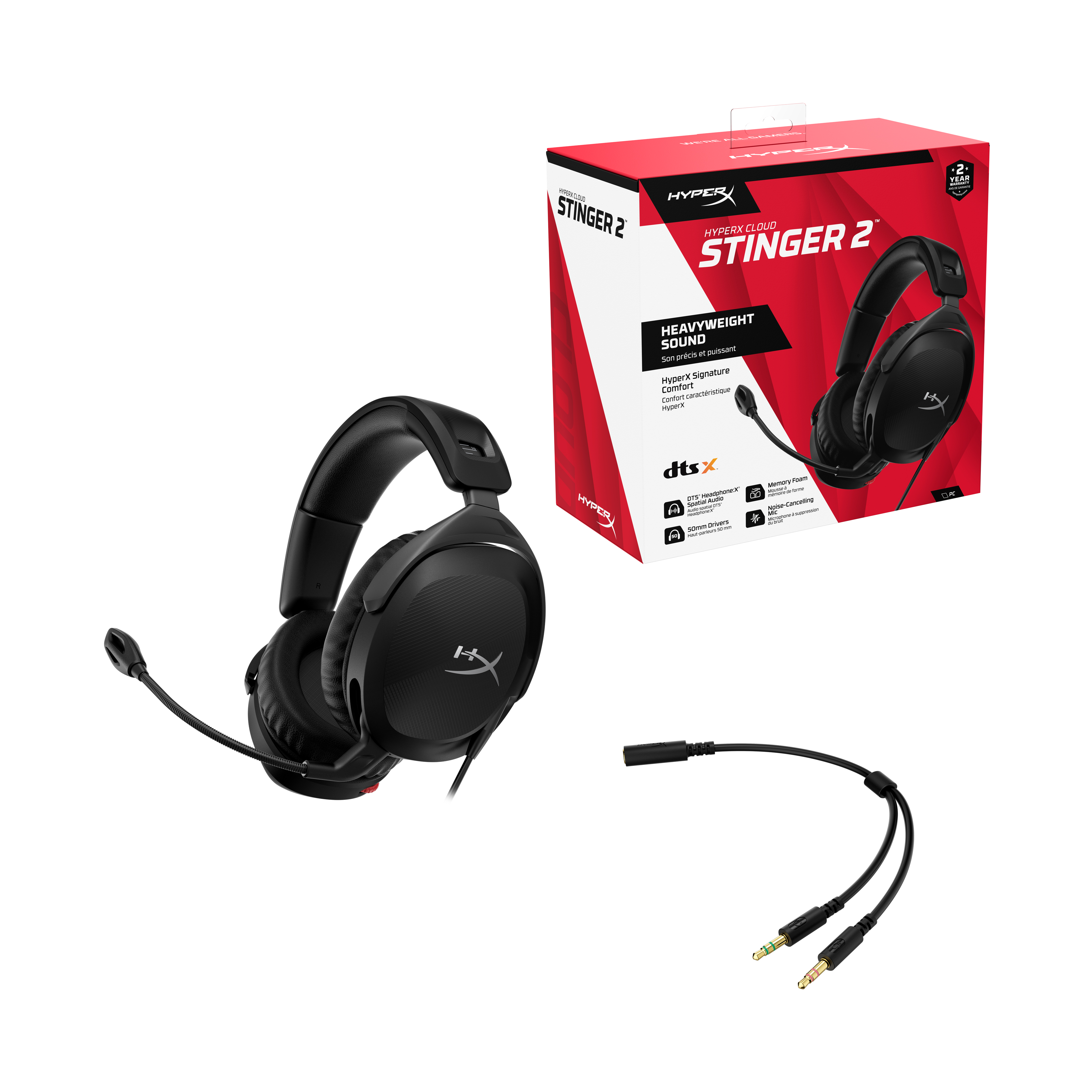 Czarne słuchawki HyperX Stinger 2 z mikrofonem, pudełkiem i adapterem na białym tle.