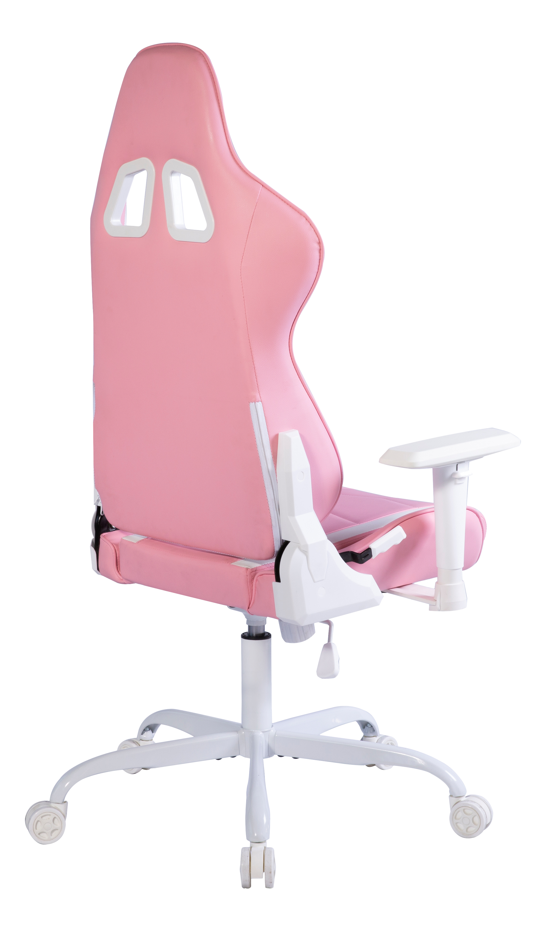 Rosa-weißer Gaming-Stuhl. Er hat eine hohe Rückenlehne, Armlehnen und ein Fünf-Rad-Gestell. Isoliert auf weißem Hintergrund.