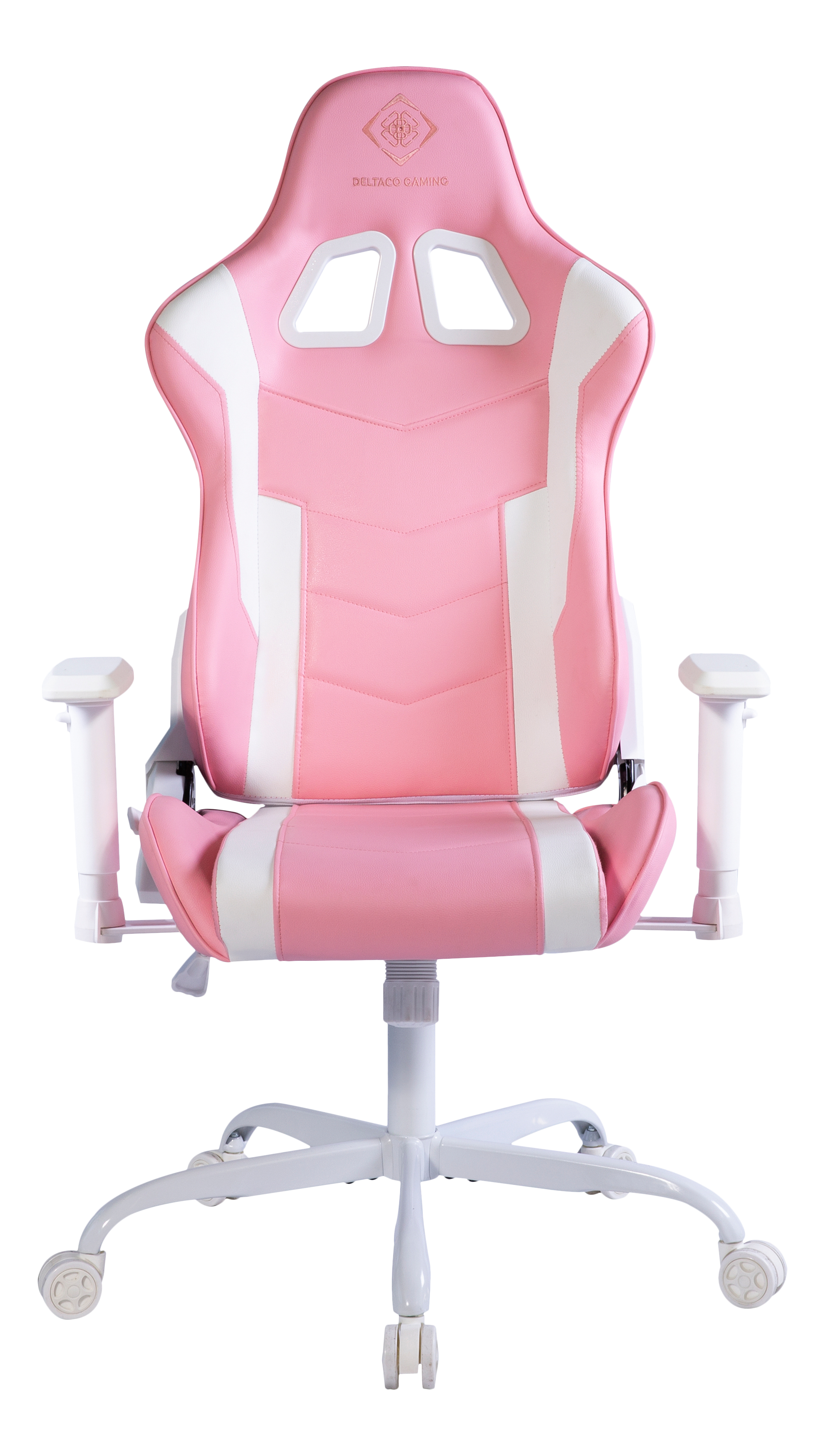A pink and white gaming chair. It has a high back, armrests, and a five-wheel base. "DELTACO GAMING" is visible.