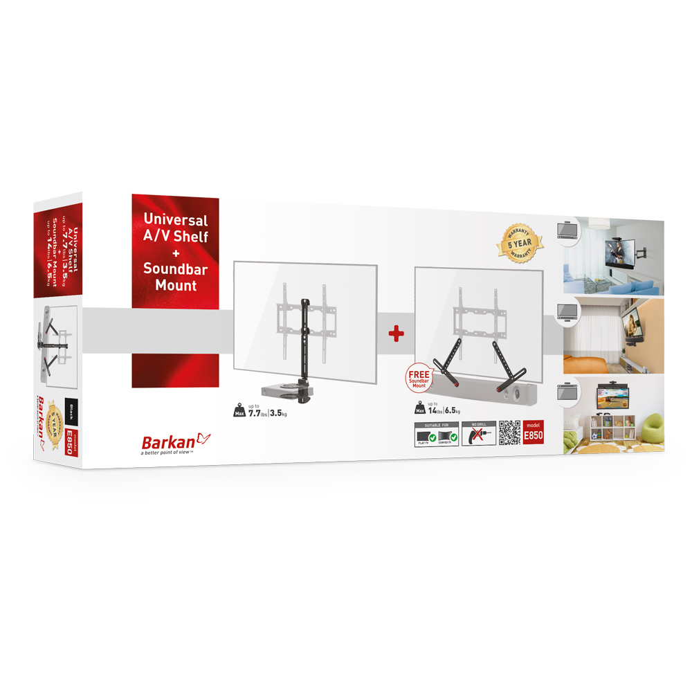 Doos met een Universal A/V Shelf + Soundbar Mount. Toont productafbeeldingen, gewichtslimieten en een garantie van 5 jaar.