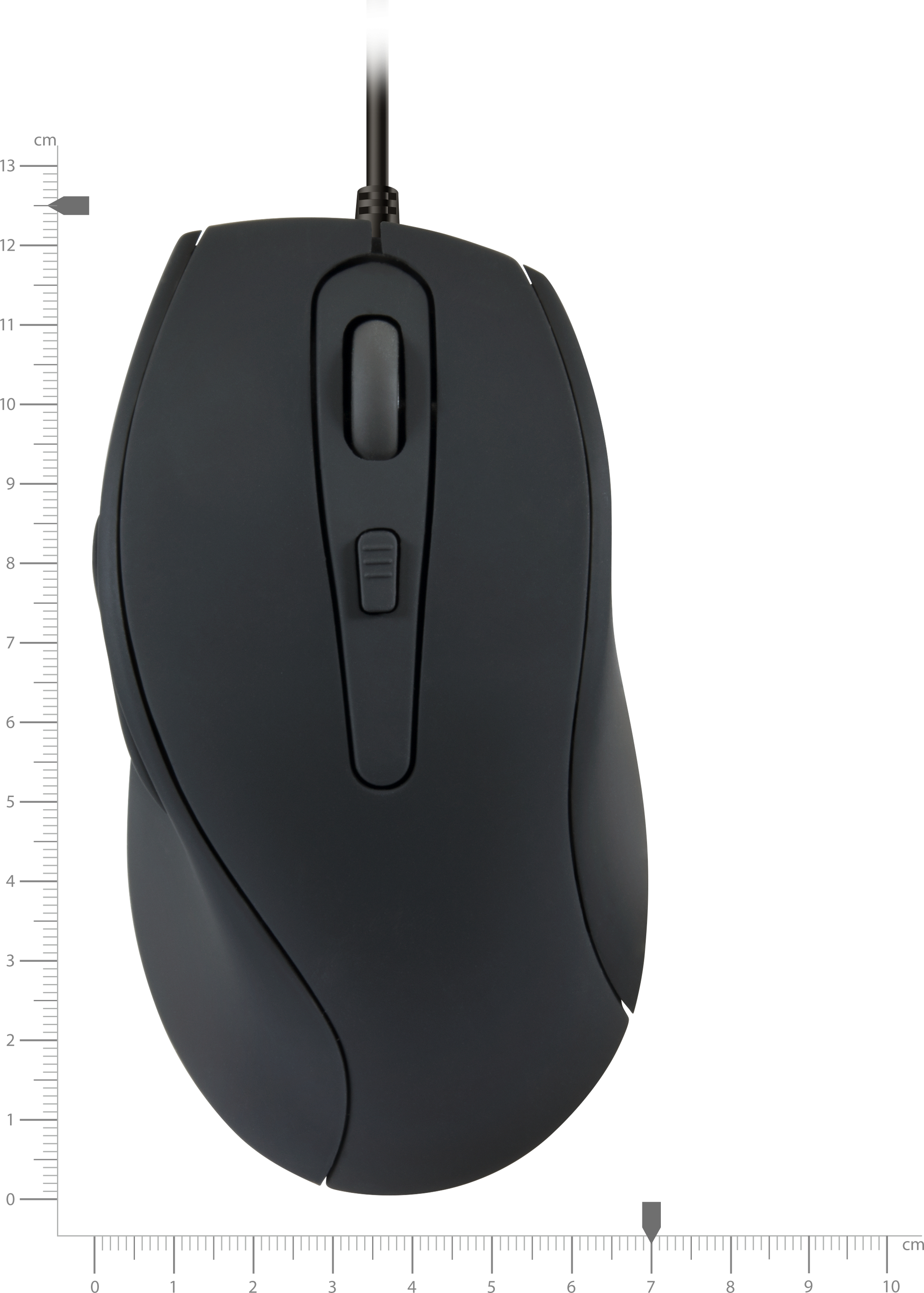 A black computer mouse with a scroll wheel and buttons, connected to a black cable. A ruler is on the left.