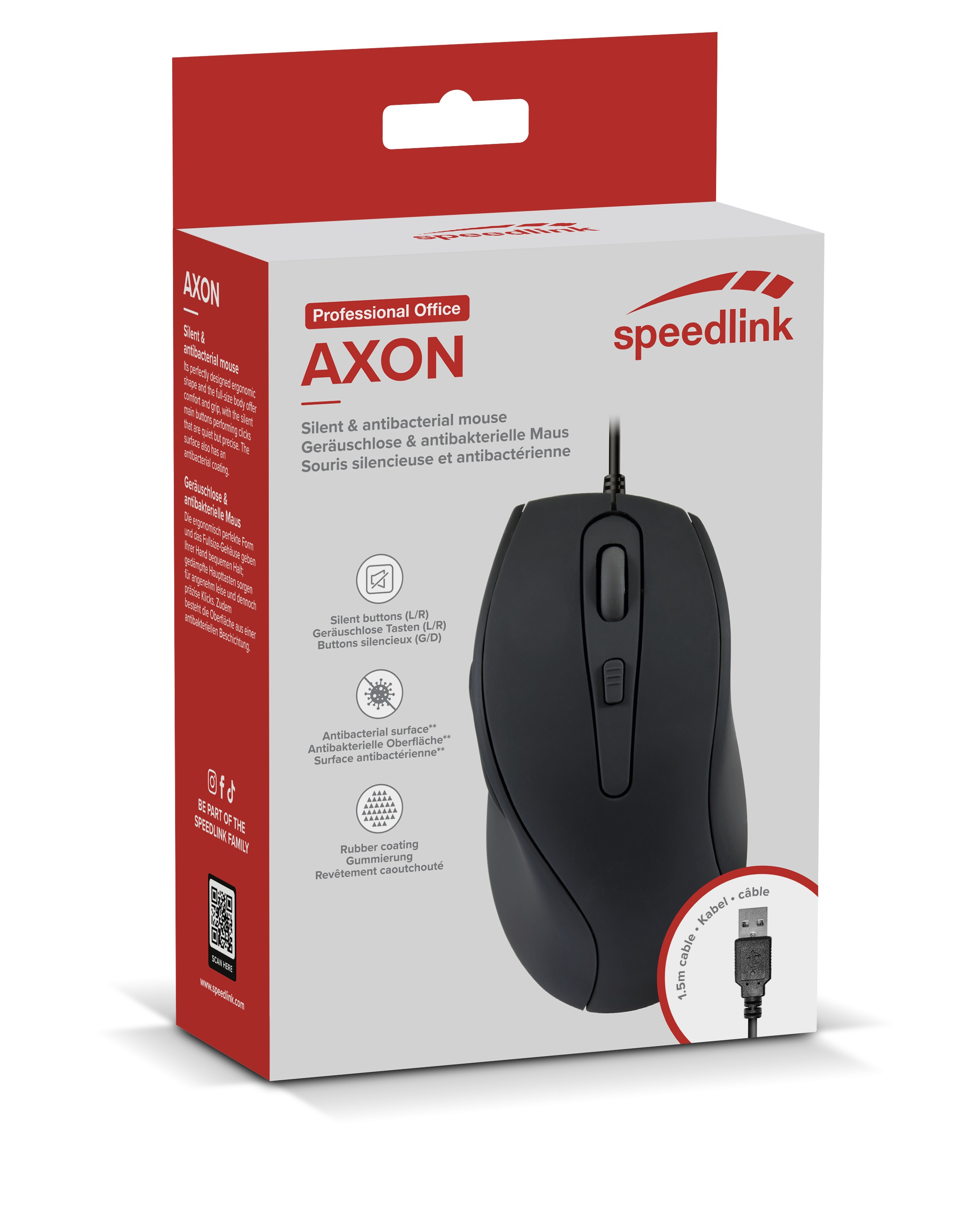 A black computer mouse in its box. The box is white and red. It has the brand name AXON.