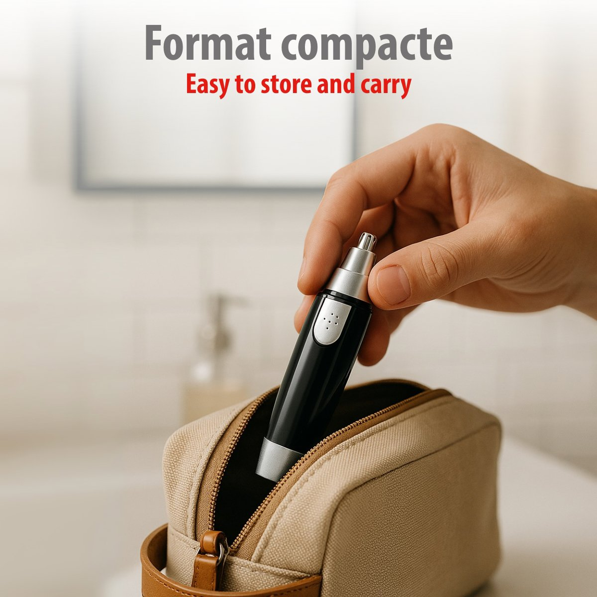 Una mano ripone un tagliacapelli nasale nero e argento in un beauty case beige. Testo: 'Formato compatto, facile da riporre e trasportare'.