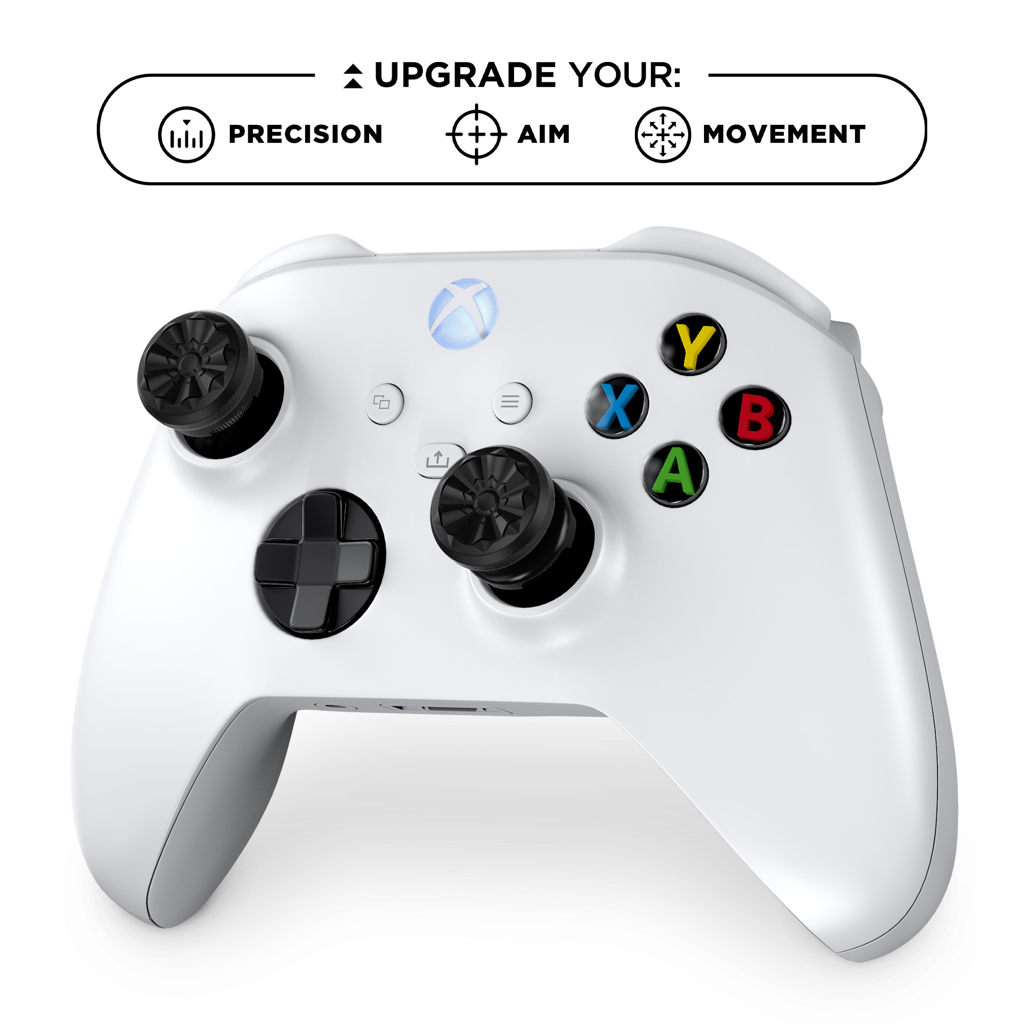 Weißer Xbox-Controller mit schwarzen Thumbsticks und Knöpfen. Oben steht: UPGRADE YOUR: PRÄZISION, ZIEL, BEWEGUNG.