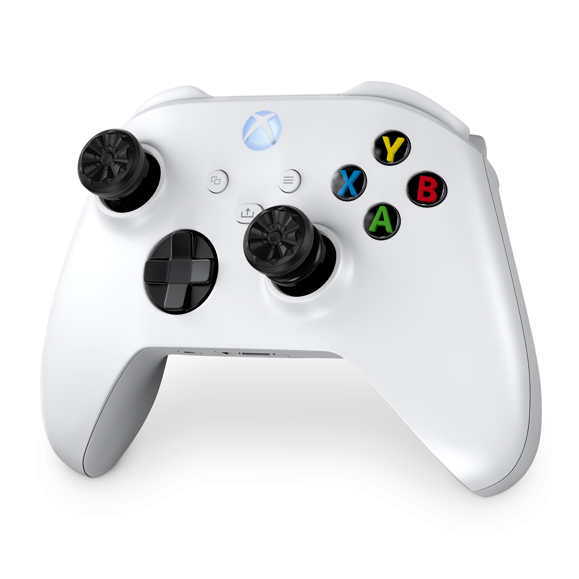 Ein weißer Xbox-Controller mit schwarzen Joysticks und farbigen Knöpfen (Y, X, B, A). Das Xbox-Logo ist sichtbar.