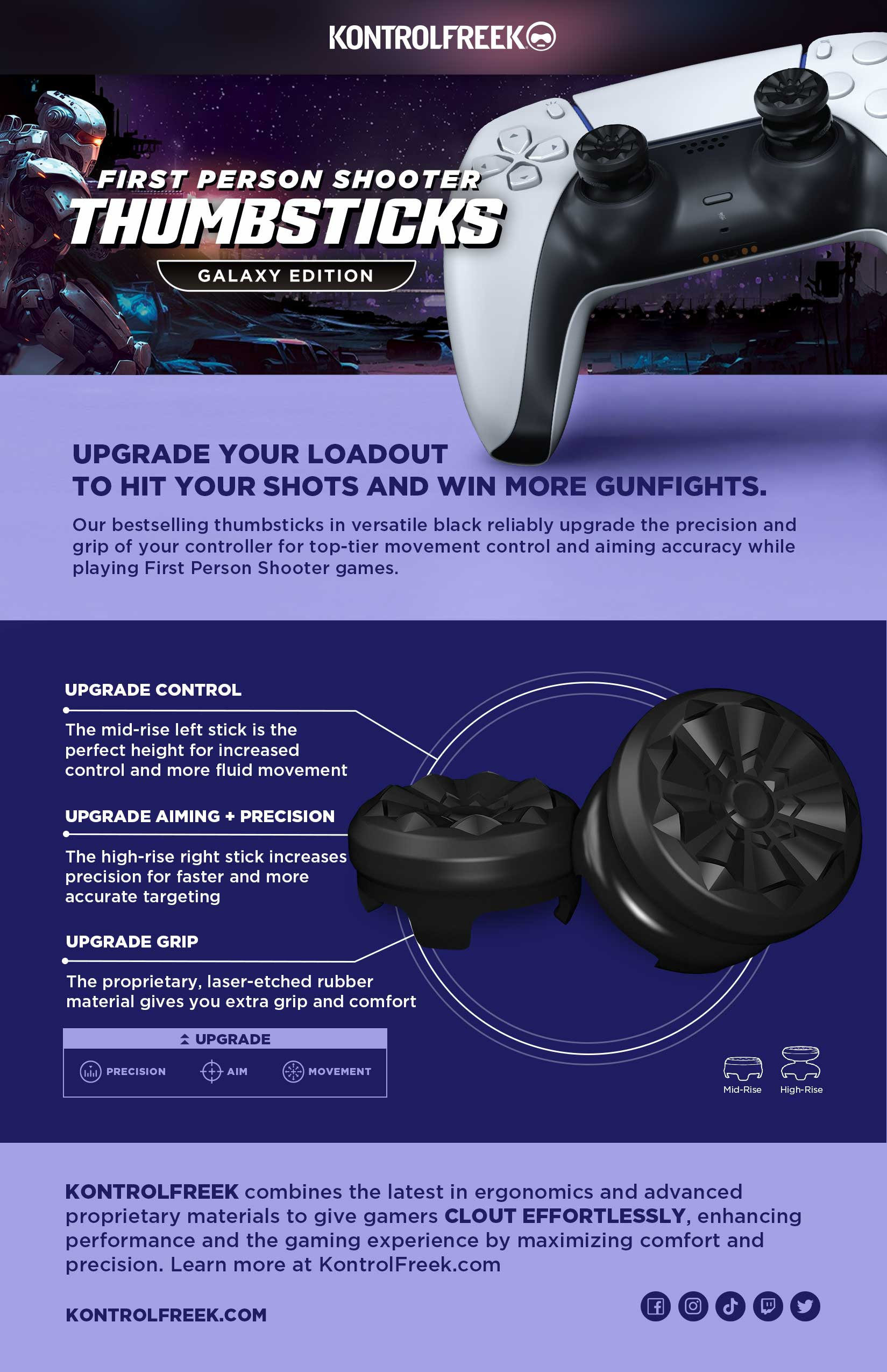 Das Bild zeigt einen Controller und Thumbsticks. Der Text bewirbt Thumbsticks für FPS-Spiele, die Präzision und Grip verbessern.