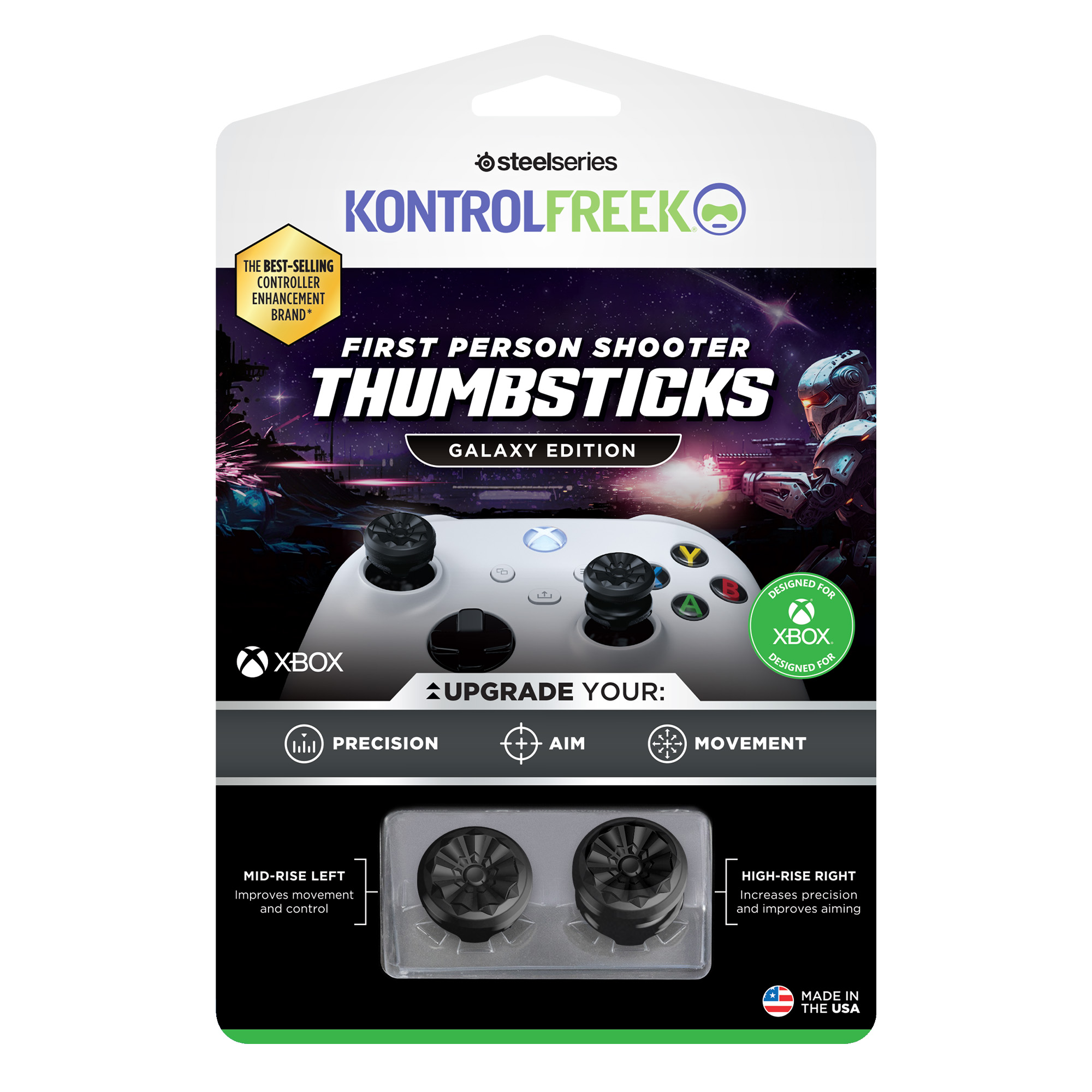 Verpackung für Xbox-Thumbsticks. Enthält Xbox-Controller, schwarze Thumbsticks und Produktinformationen. Galaxy Edition.