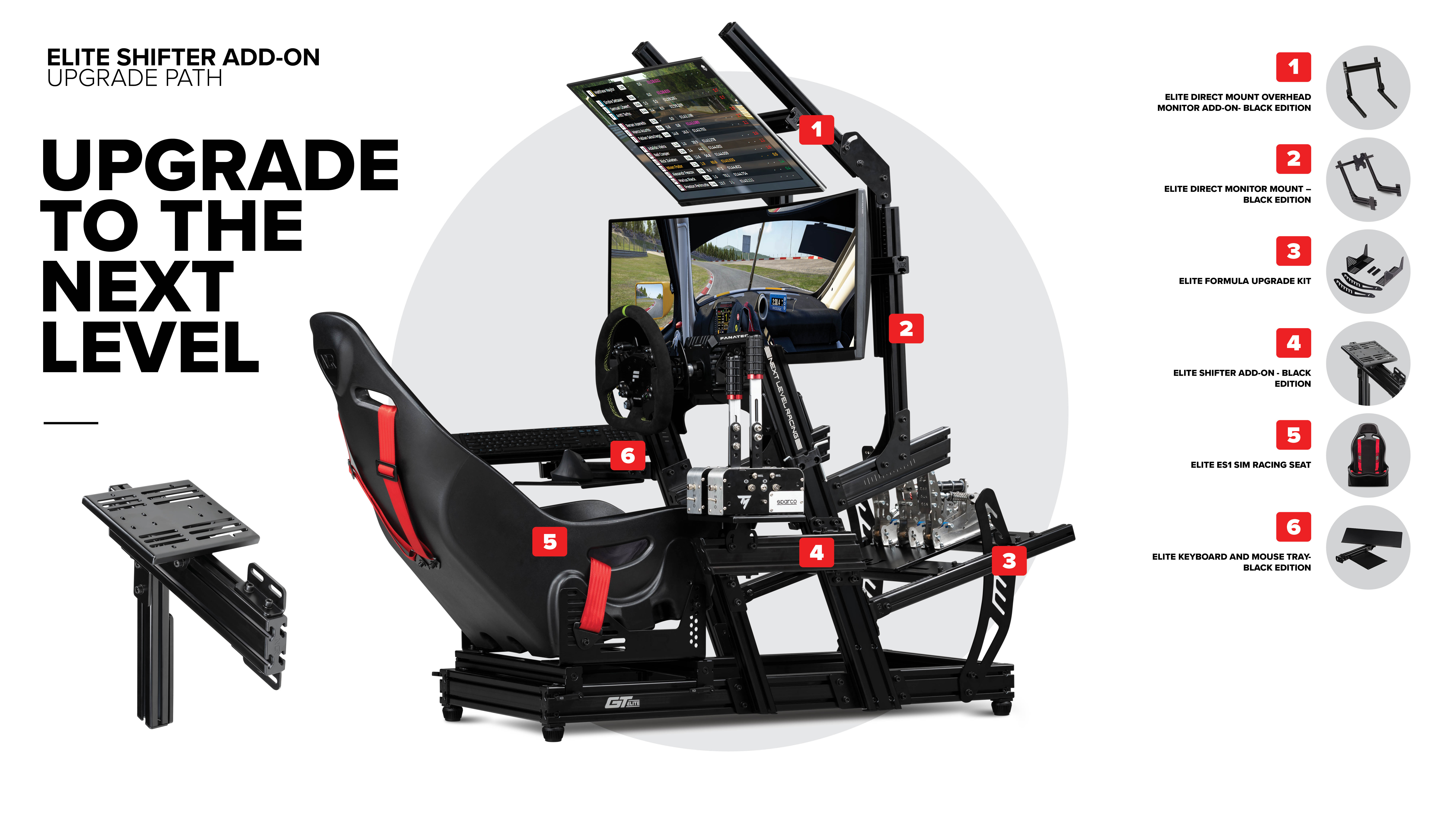 Una configuración de simulador de carreras, con asiento negro, monitor, volante y varios componentes de actualización.