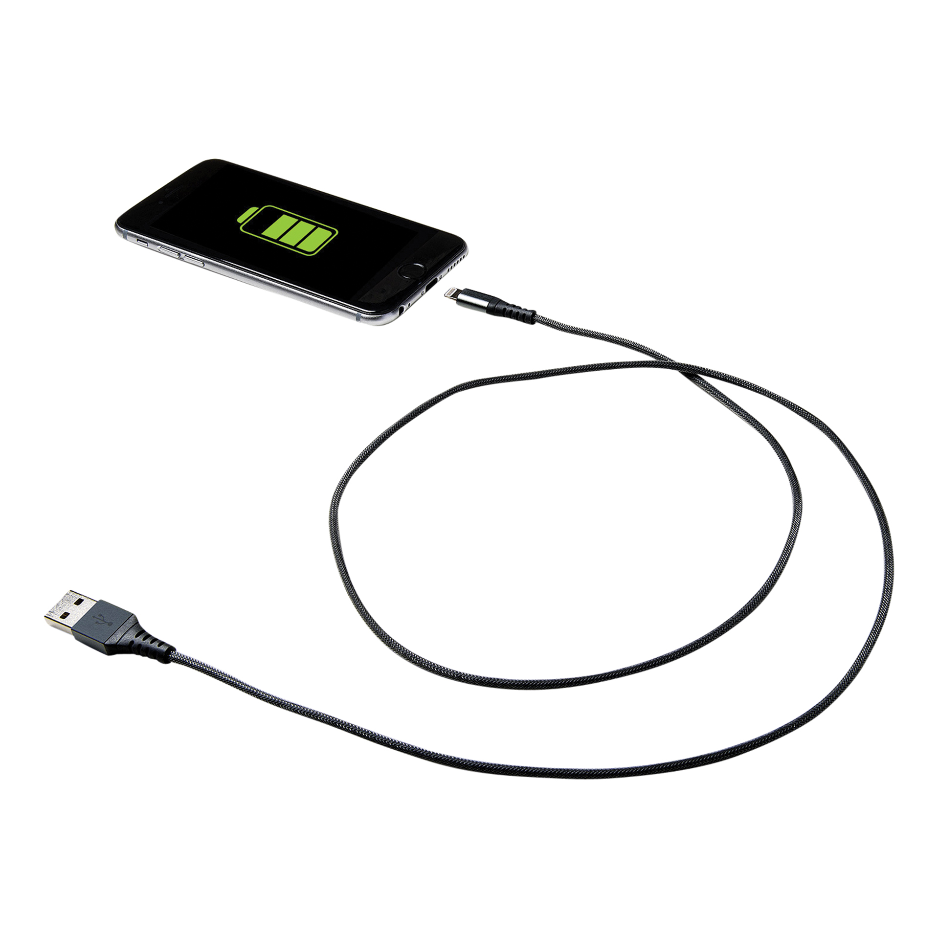 Un teléfono cargando, conectado por un cable negro, con un icono de batería verde.
