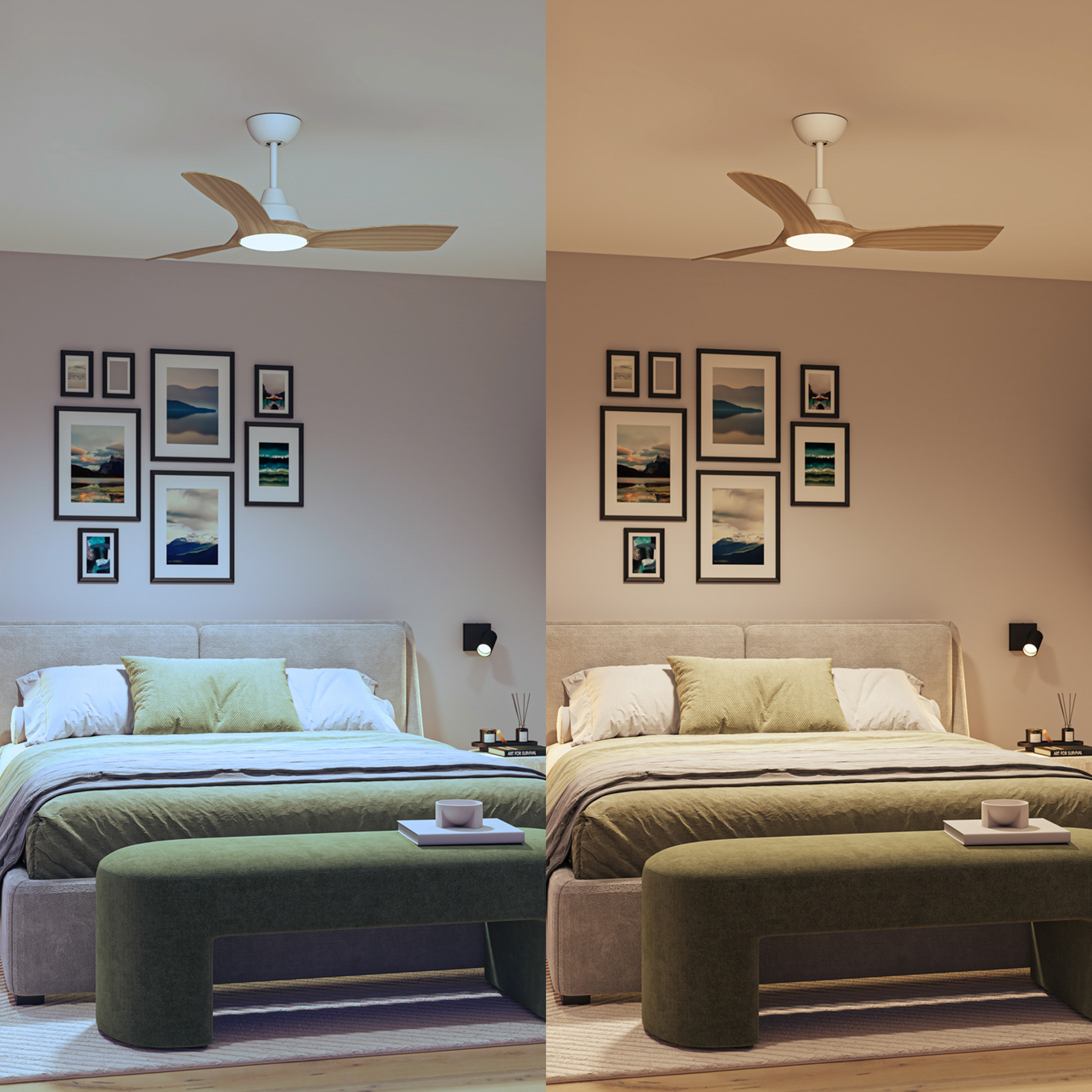 Dormitorio con cama, arte, ventilador de techo y un banco. La iluminación presenta un tono cálido y frío dividido.