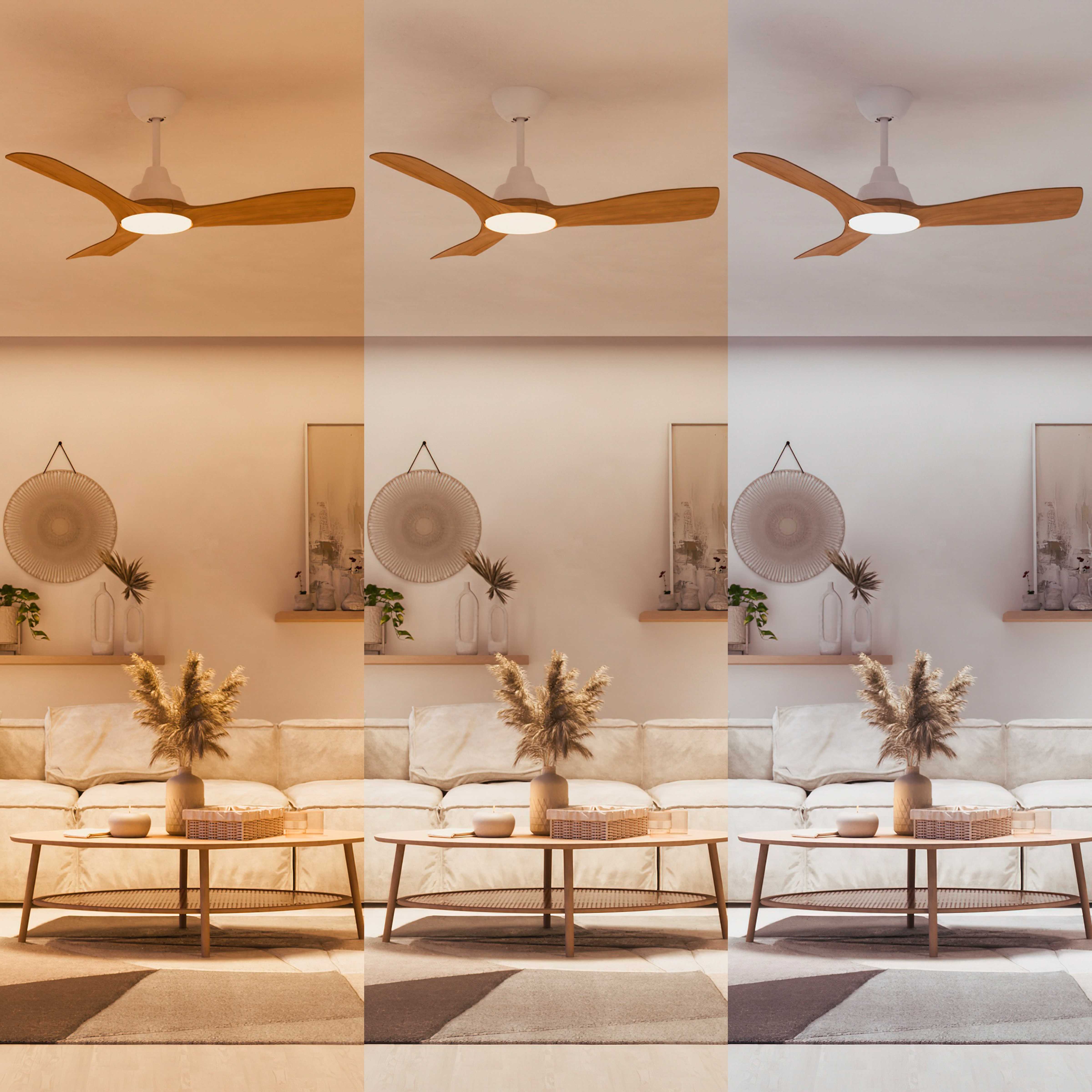Escena de sala de estar con ventilador de techo y decoración neutral bajo diferentes condiciones de luz.