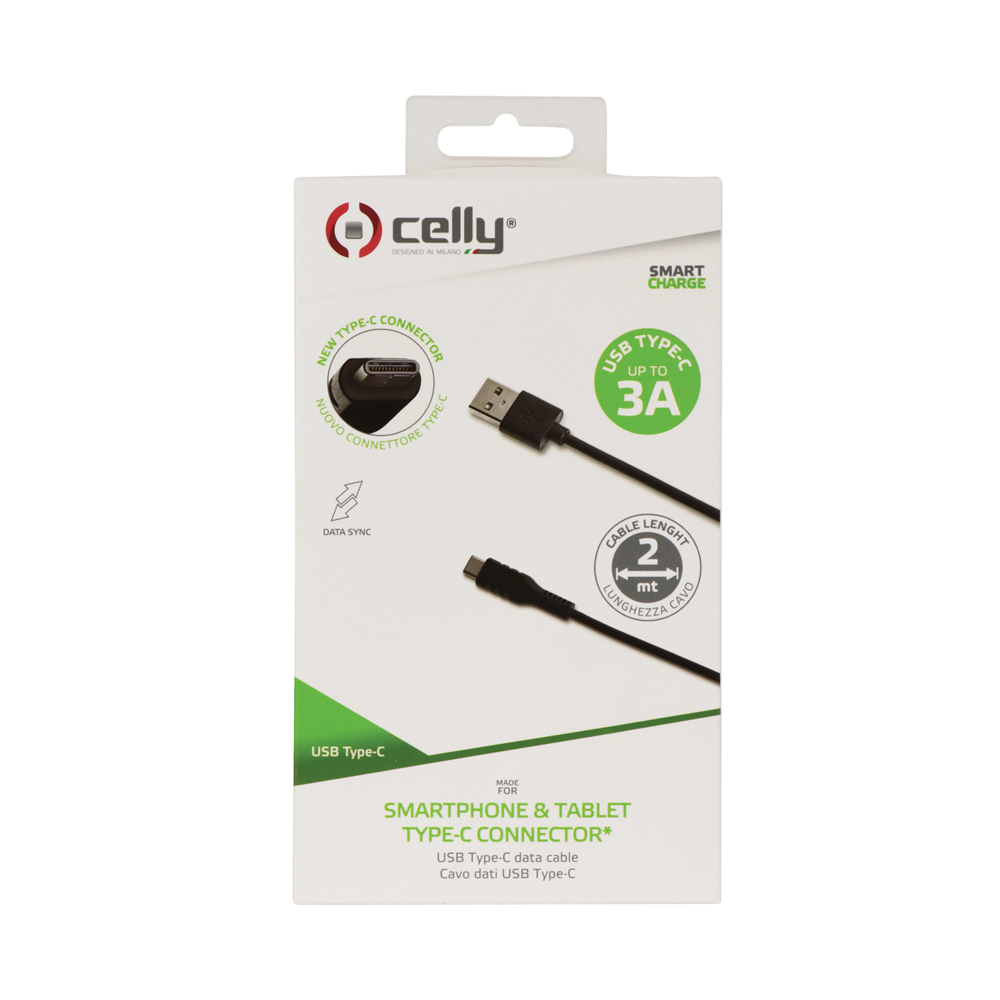 Un paquete de cable Celly USB Tipo-C. Muestra el cable y sus características, incluyendo Smart Charge, sincronización de datos y 2m de longitud.