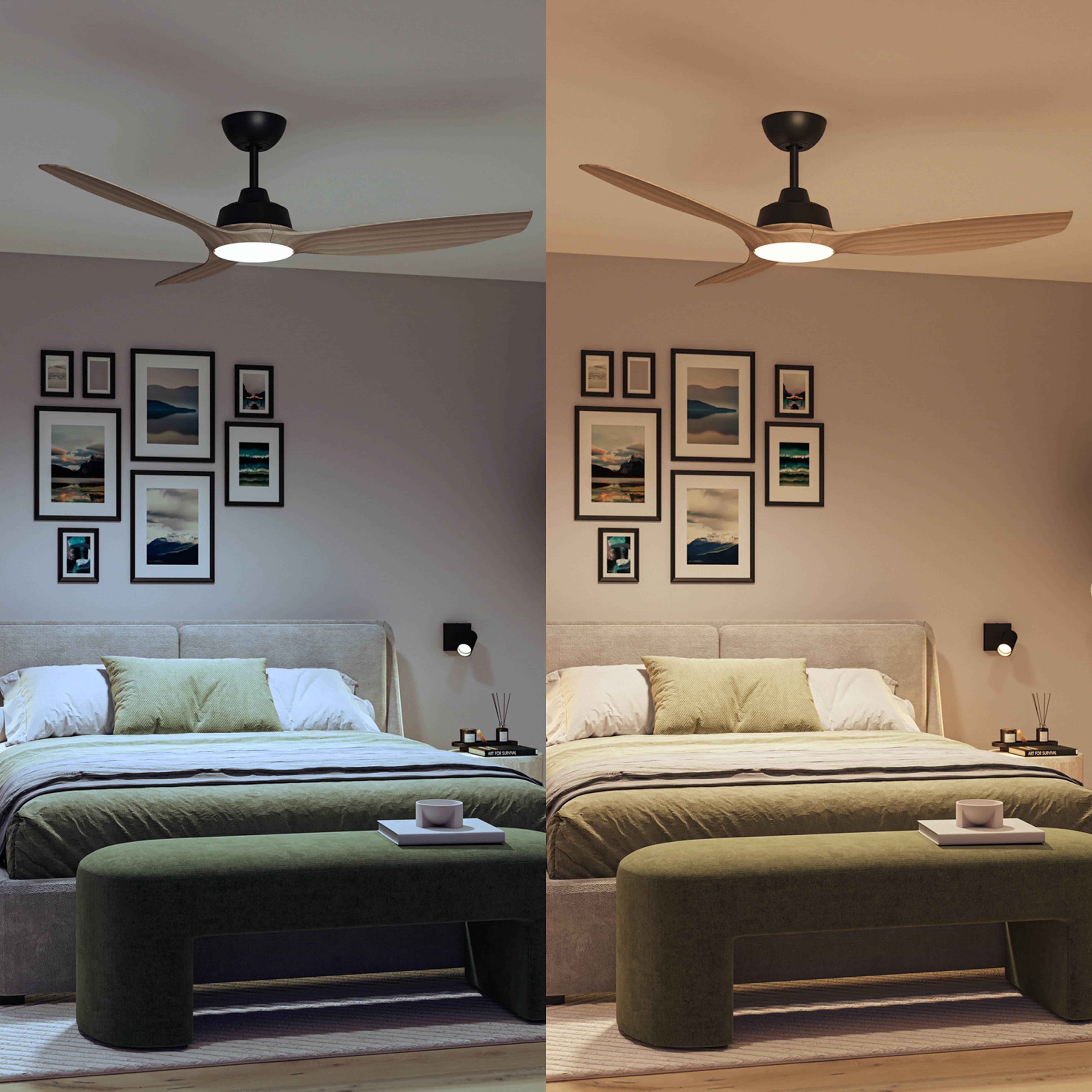 Dormitorio con cama, banco, cuadros y ventilador de techo. La paleta de colores incluye tonos verdes, grises y marrones.