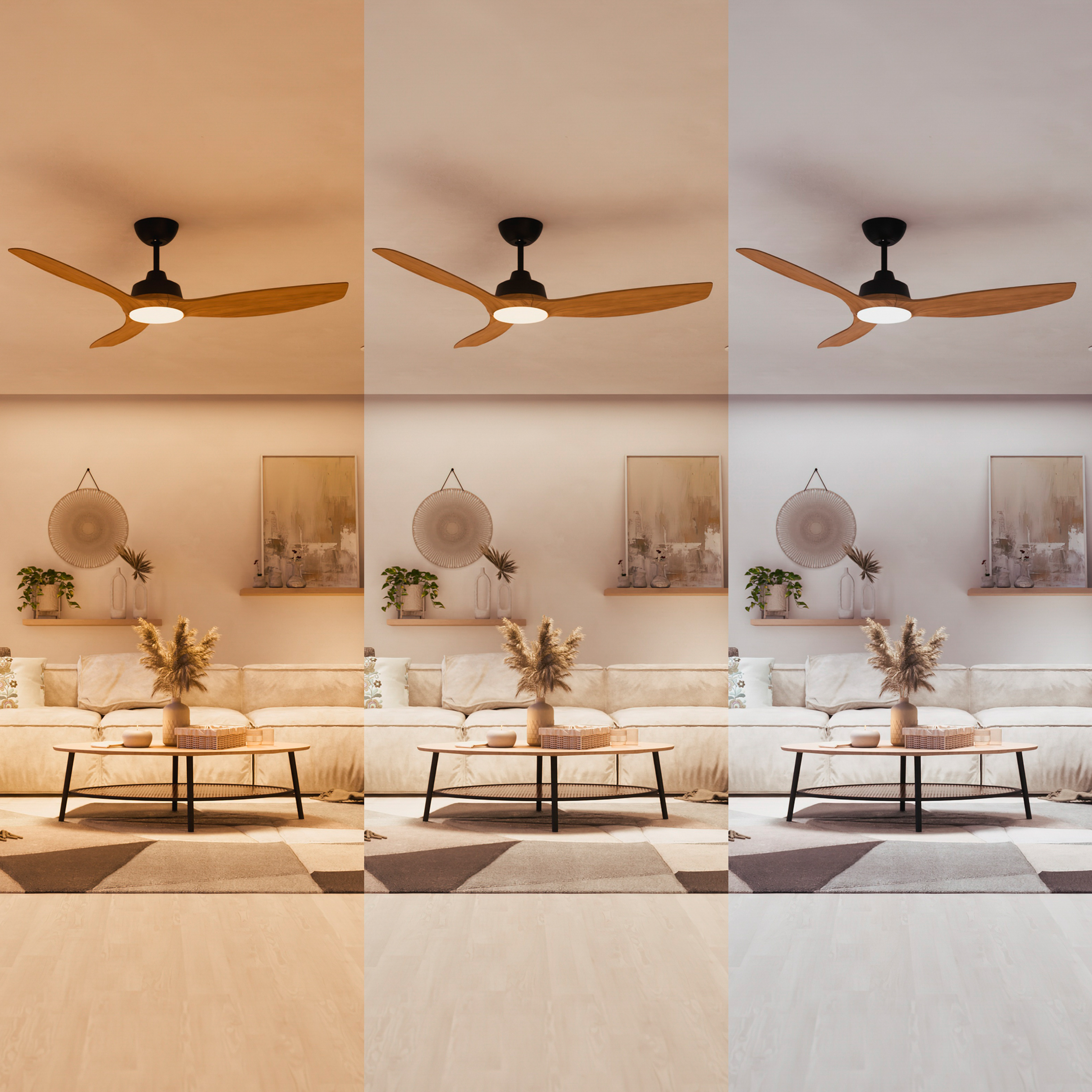 Salón con ventilador de techo, sofá, mesa de centro, alfombra, plantas y decoración de pared. La luz cambia.
