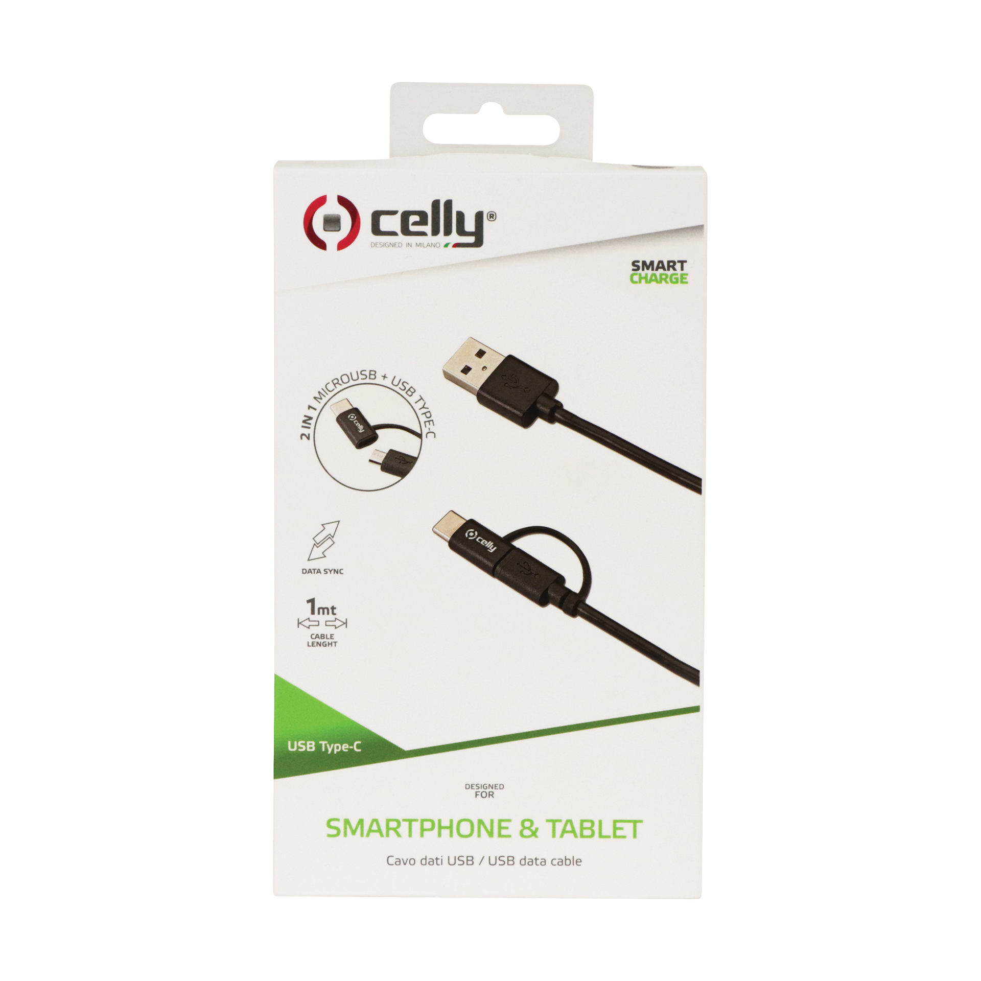 Una caja blanca con un cable USB. La caja tiene el logotipo de Celly y texto sobre las funciones del cable.