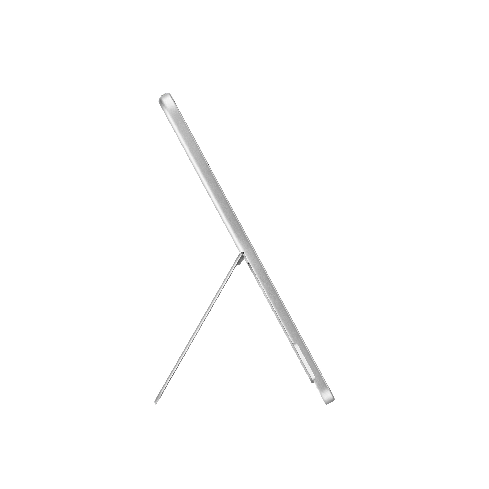 Srebrny tablet podparty stojakiem. Stojak to cienki metalowy pręt. Tło jest białe.