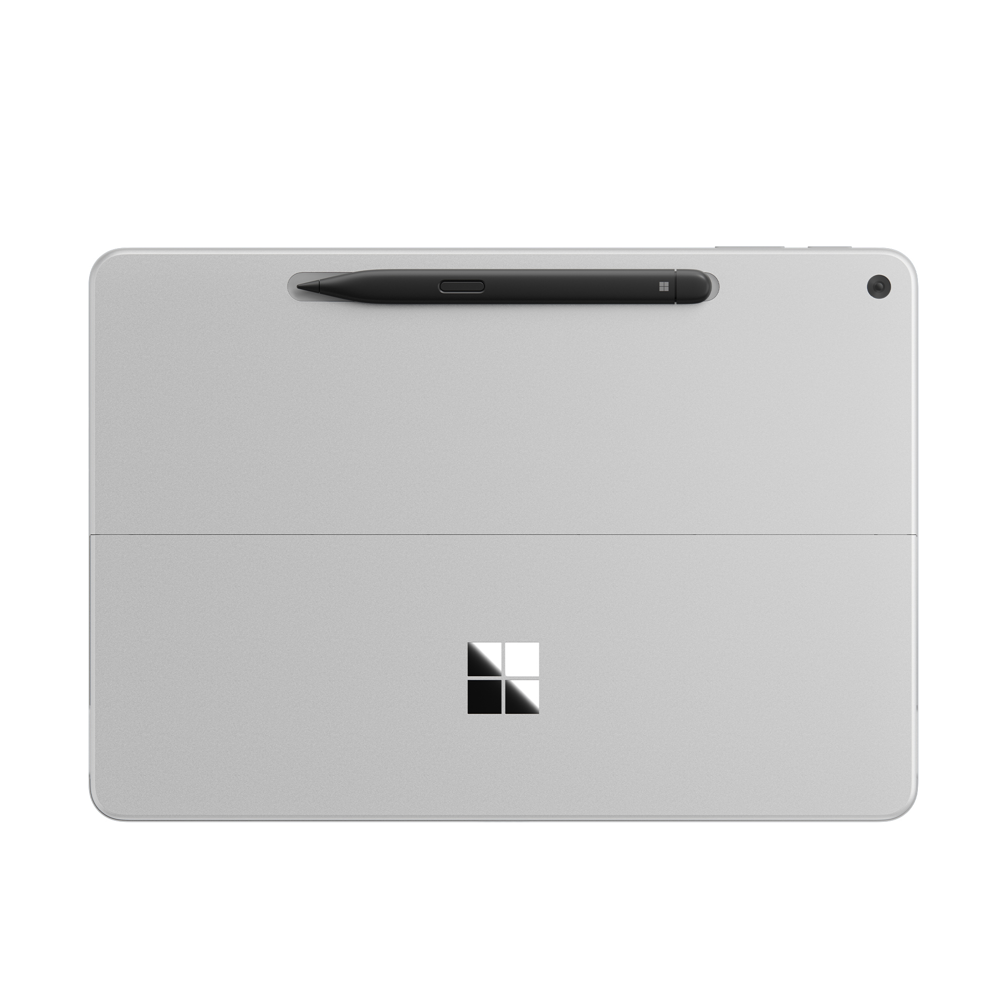 Srebrny tablet z czarnym rysikiem na górze. Logo Microsoft znajduje się na dole, a aparat w prawym górnym rogu.
