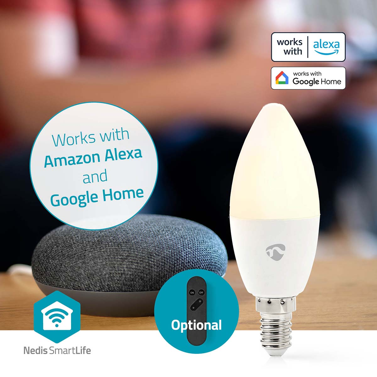 Inteligentna żarówka z inteligentnym głośnikiem, pilotem i logo Alexa, Google Home i Nedis SmartLife. Żarówka jest zapalona.