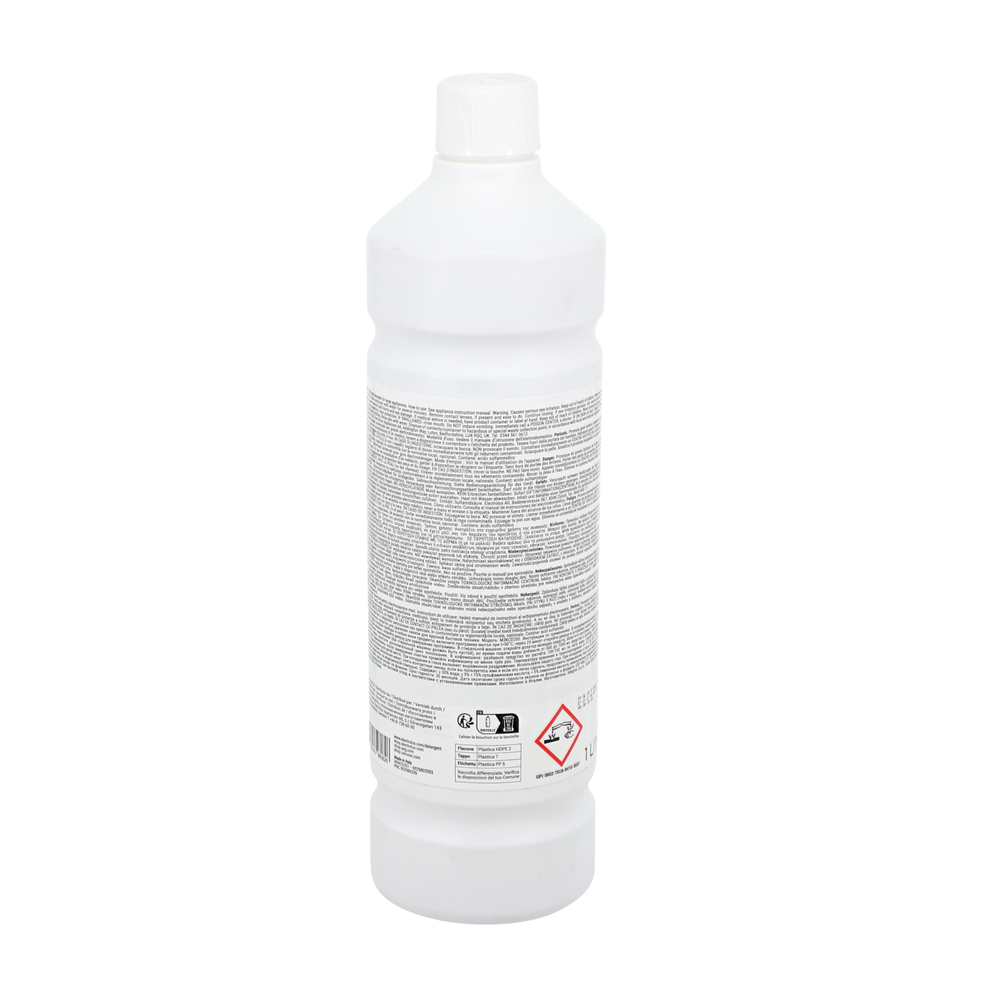 Una bottiglia di plastica bianca con tappo bianco, ricoperta di testo, su sfondo nero.