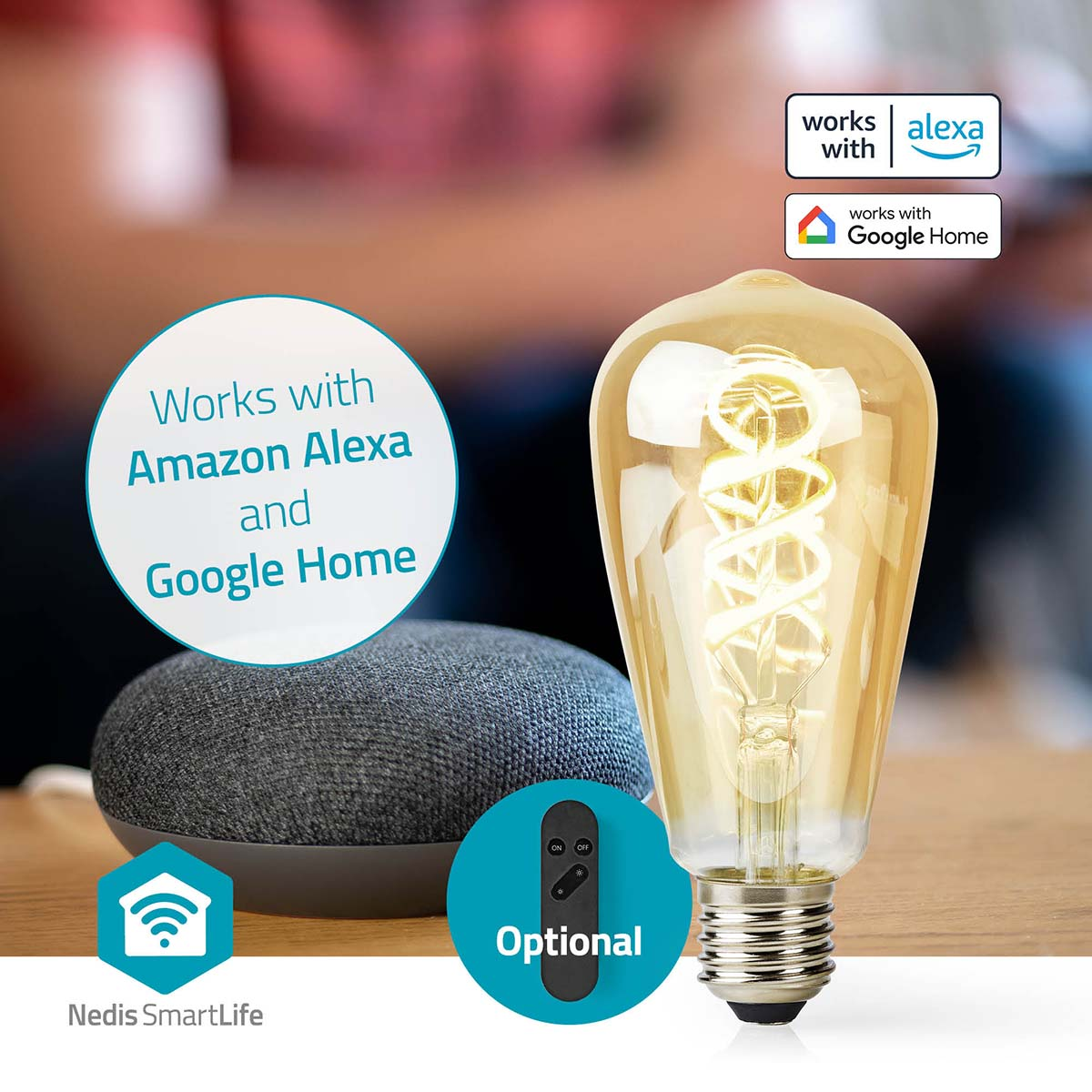 Una lampadina decorativa con altoparlante intelligente e telecomando, compatibile con Amazon Alexa e Google Home, su un tavolo.