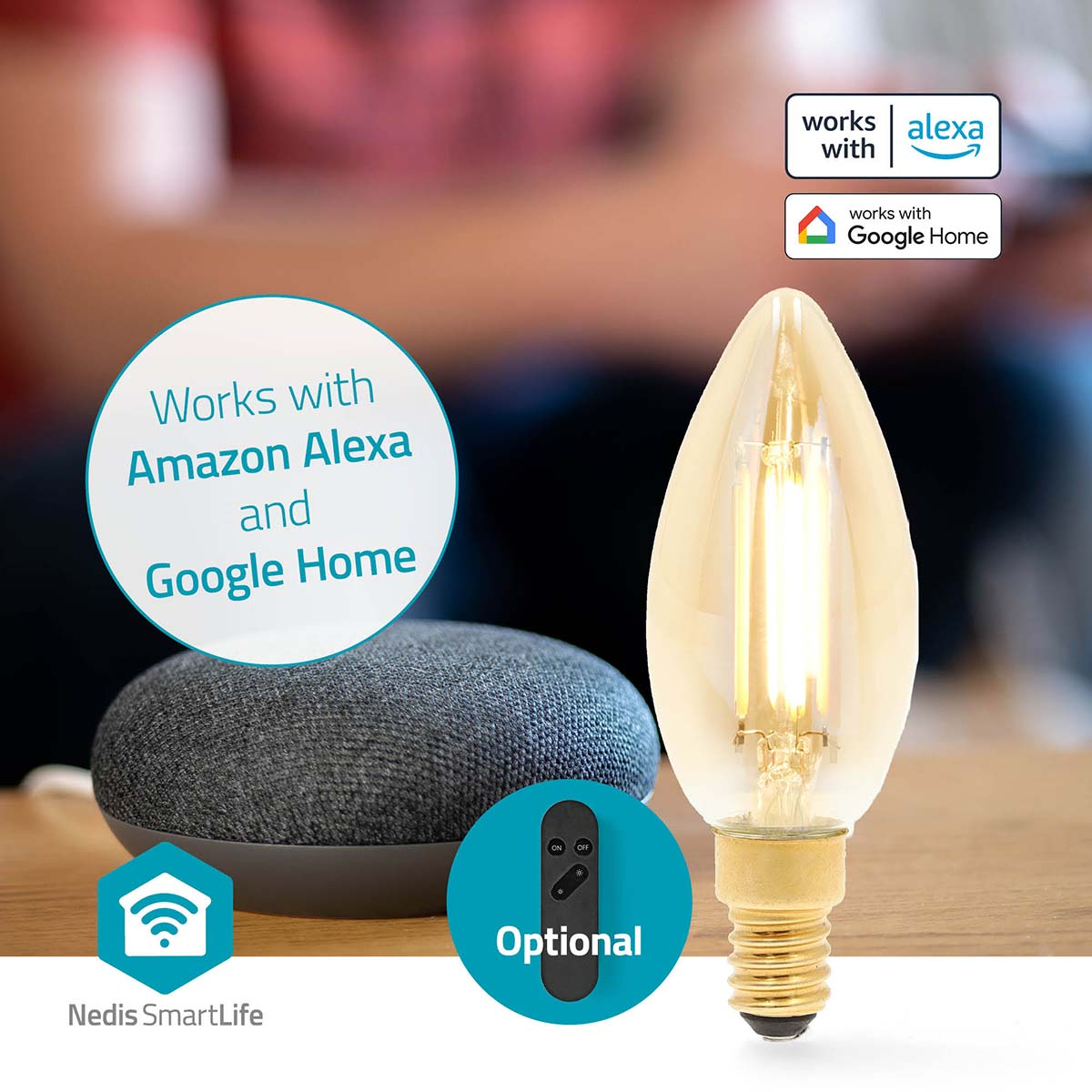 Een slimme lamp naast een slimme luidspreker, een afstandsbediening en logo's die de compatibiliteit met Alexa en Google Home aangeven.