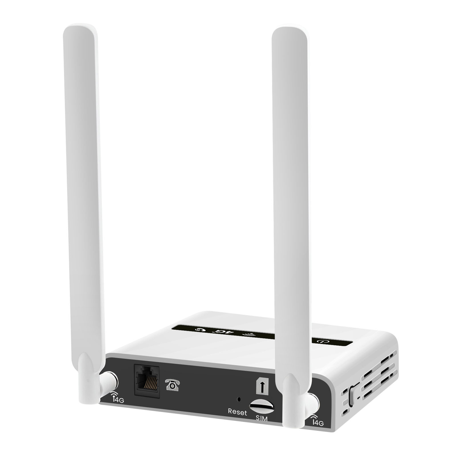 Ein weißer Router mit zwei Antennen. Er hat eine schwarze Platte mit Anschlüssen und Knöpfen. Der Hintergrund ist weiß.