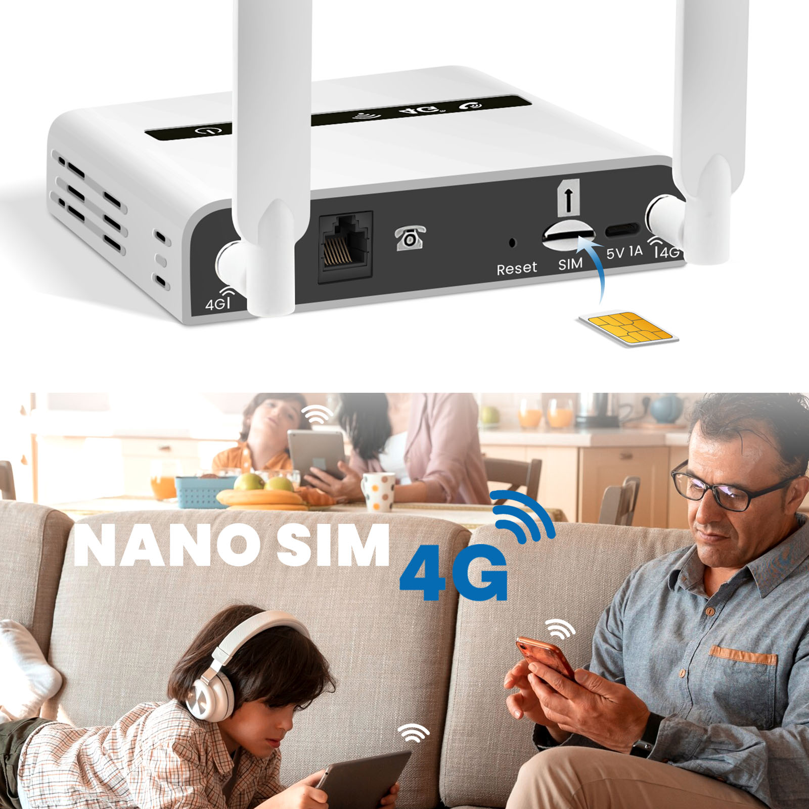 Ein weißer Router mit Antennen und eine eingelegte SIM-Karte. Eine Familie benutzt Tablets und Telefone, was auf 4G-Konnektivität hinweist.