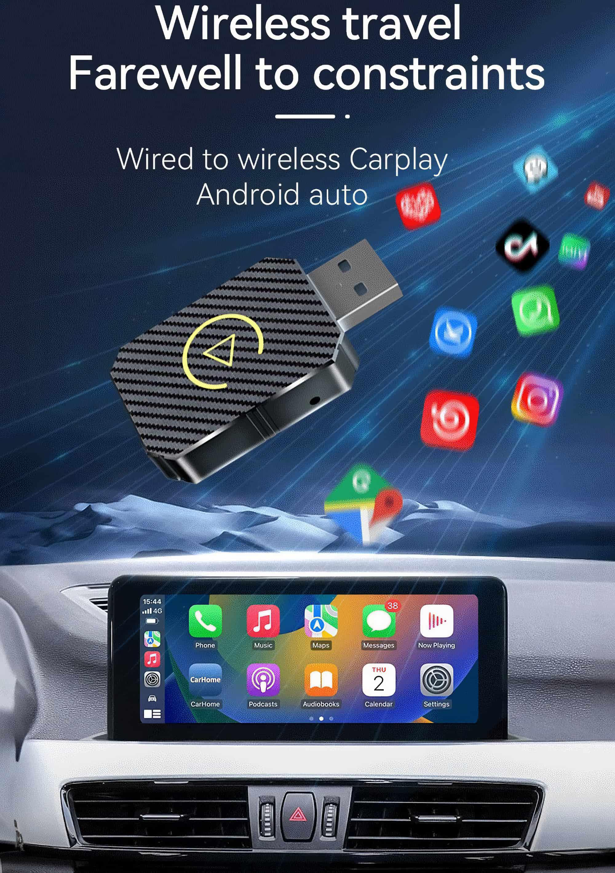 Ein USB-Gerät mit Karbonfasertextur und gelbem Dreieck-Logo wird mit einem Auto-Display gezeigt.