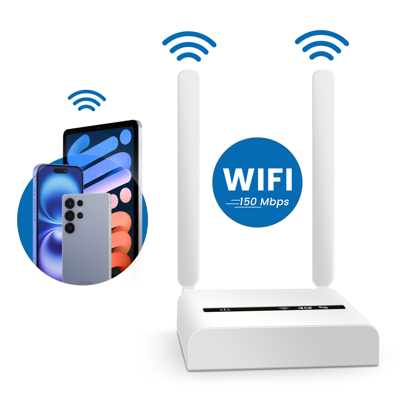Ein weißer Router mit zwei Antennen und einem blauen WIFI-Logo. Smartphones und ein Tablet sind im Hintergrund.