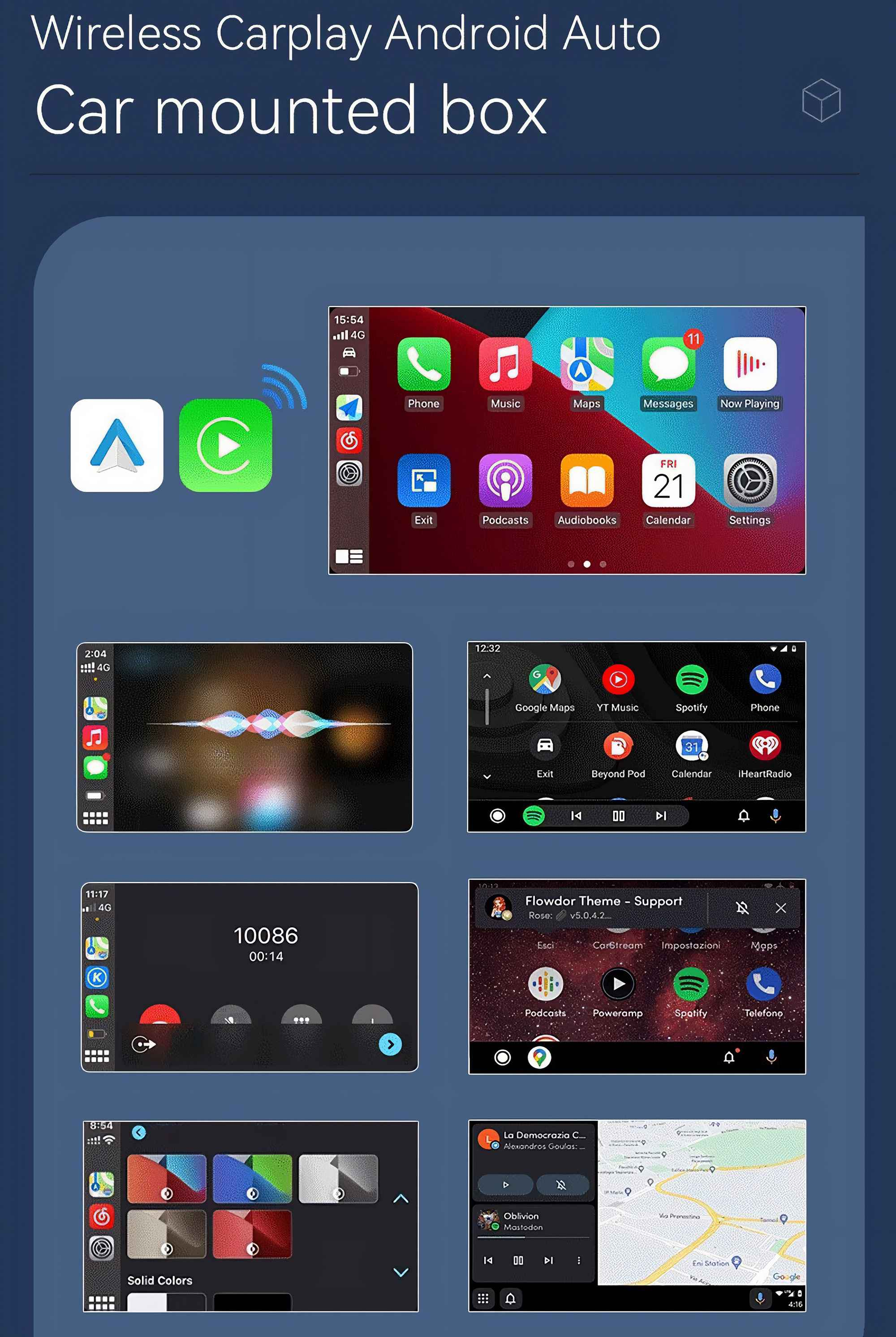Autodisplay zeigt App-Symbole, darunter Telefon, Musik, Karten und Einstellungen. Außerdem eine Karte und einen Musik-Player.