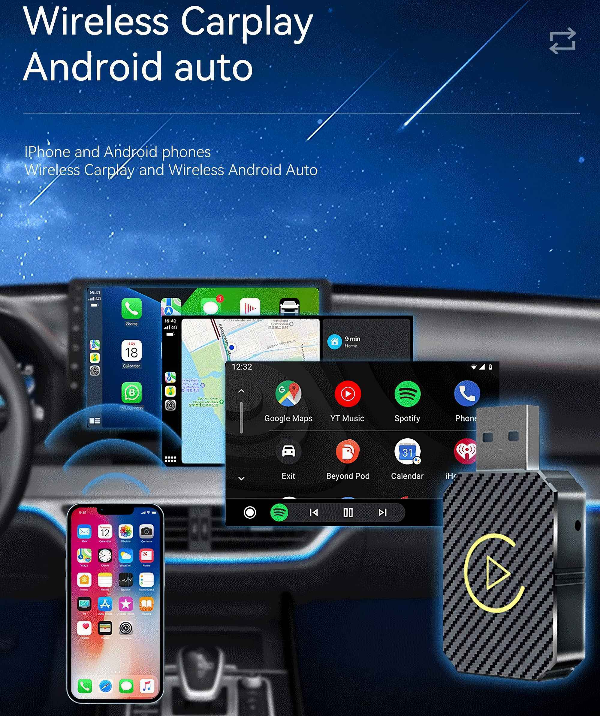 Das Bild zeigt eine Autoschnittstelle mit Telefonanzeige, USB-Gerät und App-Symbolen für Navigation, Musik und Telefonfunktionen.