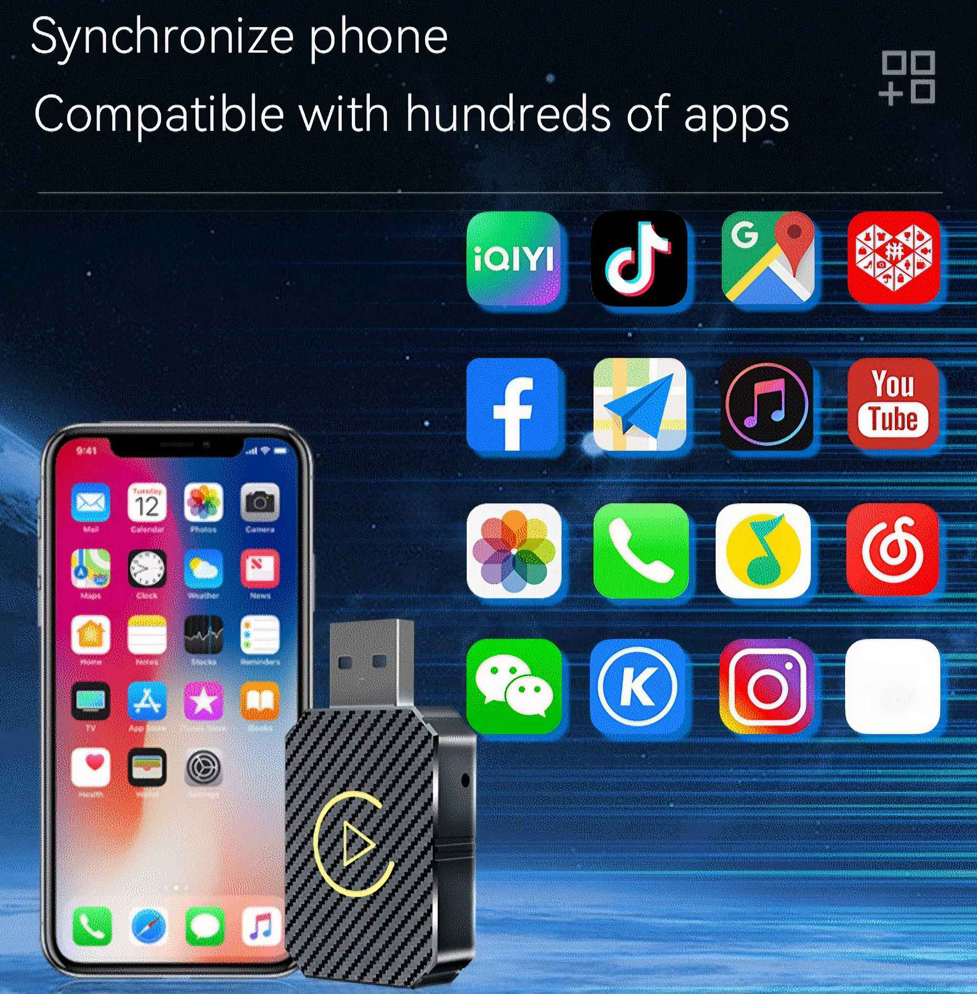 Das Bild zeigt ein Telefon mit Apps und einem USB-Gerät. Text: Telefon synchronisieren und kompatibel mit Hunderten von Apps.